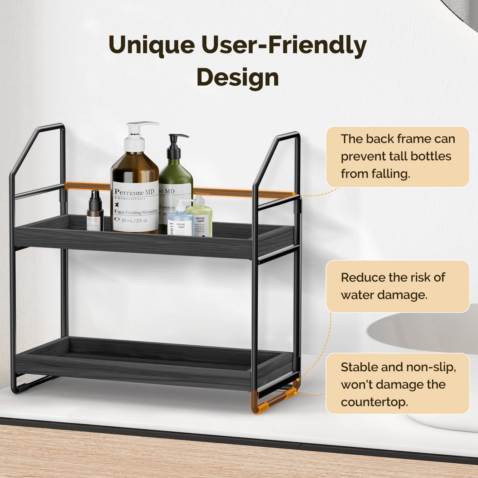 2-stöckiger Badezimmer-Organizer Aus Holz & Metall – 34x18 Cm Tablett, Schwarz, Für Arbeitsplatte & Küche