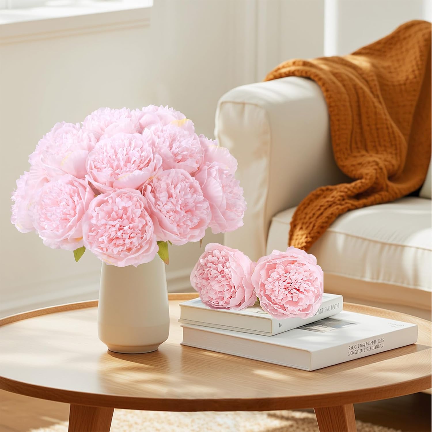 U'Artlines 20 Heads Artificial Peony Silk Flower Leaf Home Office Wedding Party Festival Bar Decor (Light Pink) - Image 2