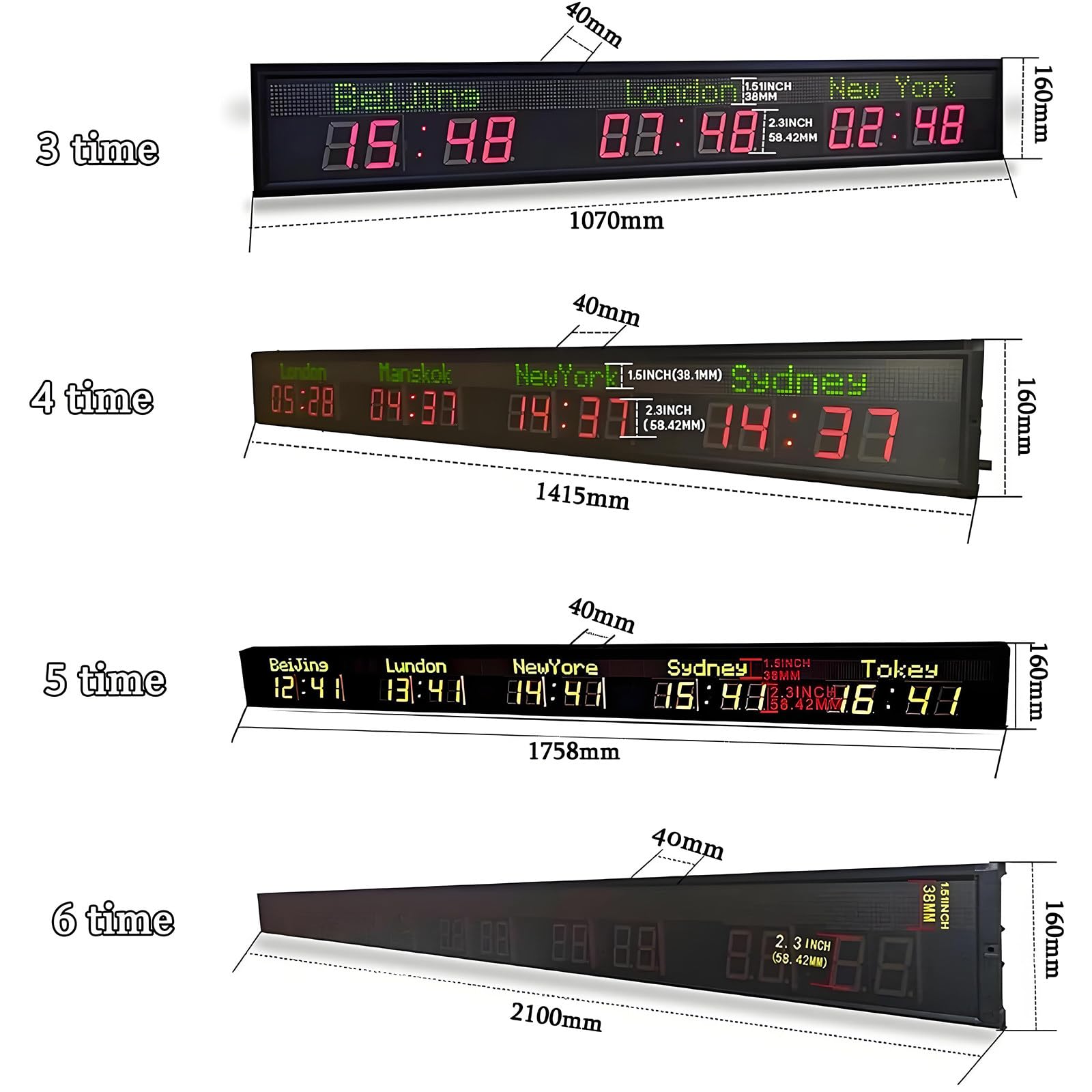 Orologio digitale a LED, display con fusi orari multipli per hotel, aeroporti, aziende, 3/4/5 città, orologio da parete per uso multinazionale, 5 fusi orari