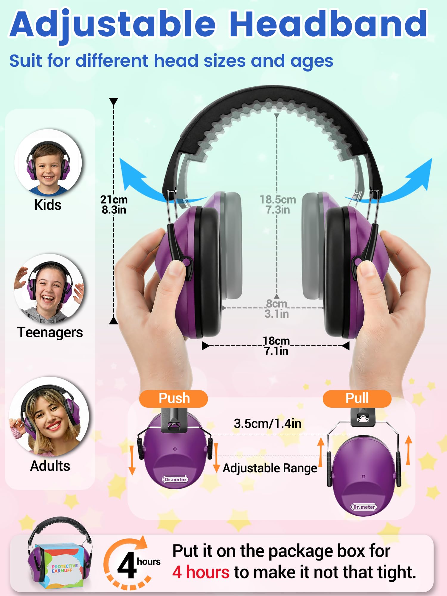 Dr.meter Ear Muffs for Noise Reduction, Kids Ear Protection Earmuffs Purple view 4