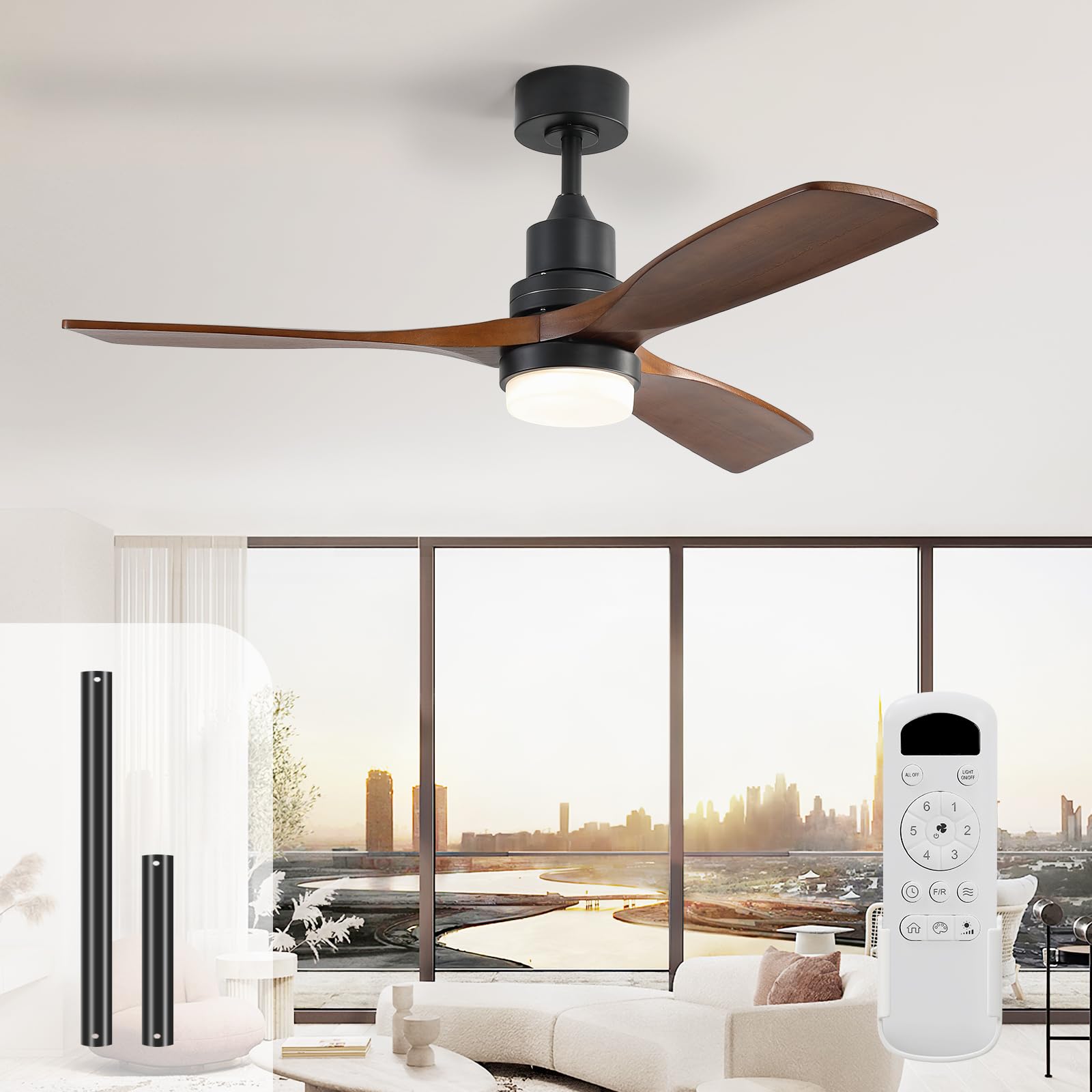 Sofucor Deckenventilator mit Beleuchtung und Fernbedienung, Deckenventilator mit Licht, 3 Holzlüfterblätter, DC Motor, 132cm, Timer, 3 Farbtemperatur und 6 Geschwindigkeiten, Sommer Winterbetrieb