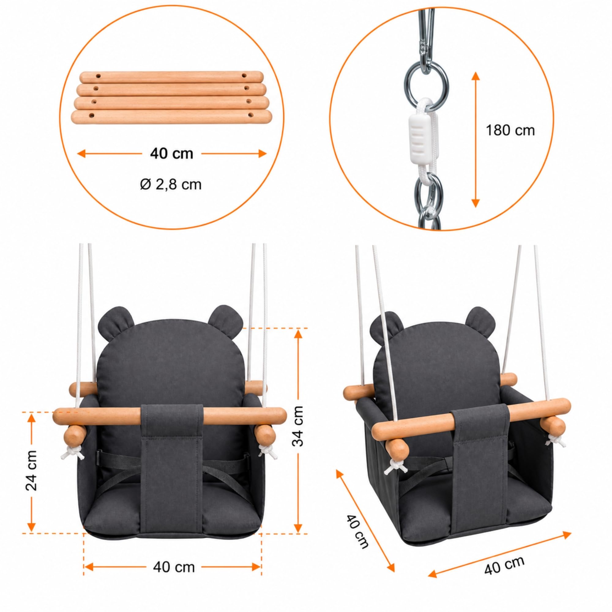 Columpio para bebés y niños pequeños, 100% algodón y madera de haya, con cinturón de seguridad, altura regulable, hasta 30 kg, diseño de oso, color gris