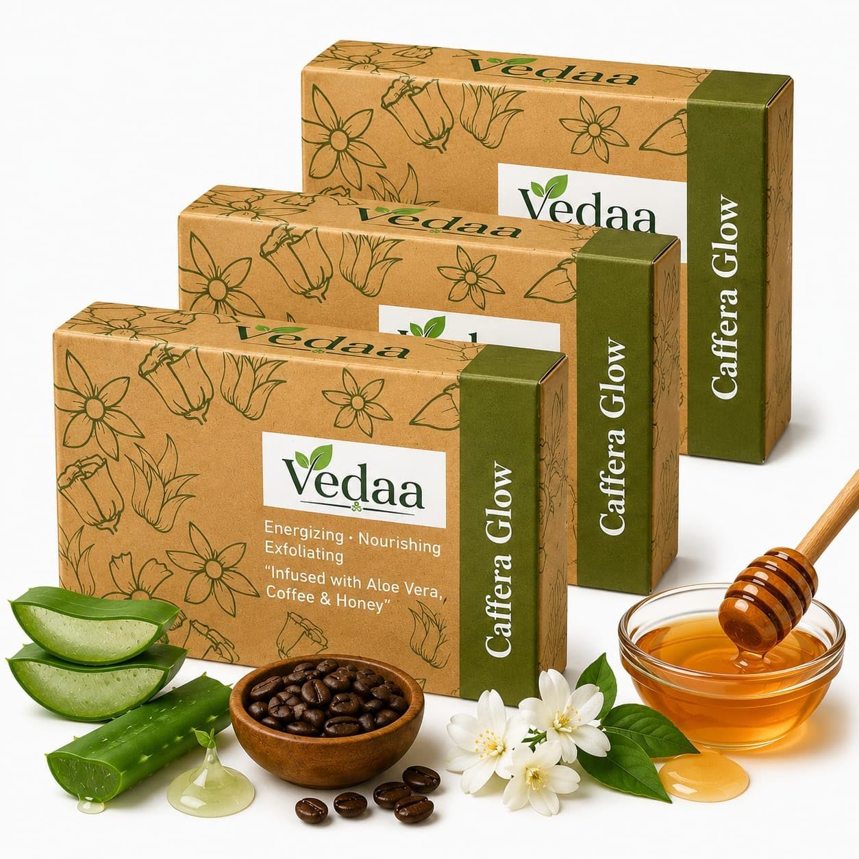 vedaa Caffera Glow Soap Bar with Aloe Vera, Coffee & Honey | Energising, Exfoliating and Nourishing Bathing Soap for Men & Women | Pack of 3-image-10