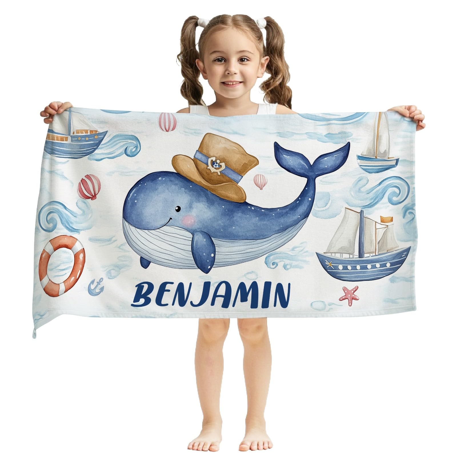 Jodimitty Personalised Beach Towel Custom Name Microfibre, Lightweight Quick Dry Bath Towel for Beach Pool Party, Gift for Family Friend, 60x120cm/76x152cm/90x180cm (Whale)