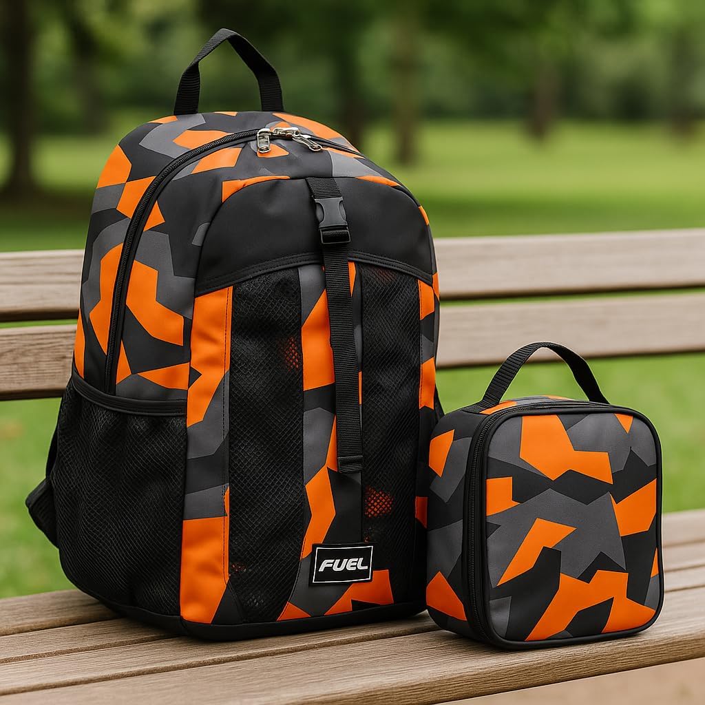 FUEL Lunch Backpack Set Water Resistant Dome Bookbag Bag Soft Reusable Insulated Cooler Lunch Box Thermal Travel Office Lunch Bag, Orange & Black