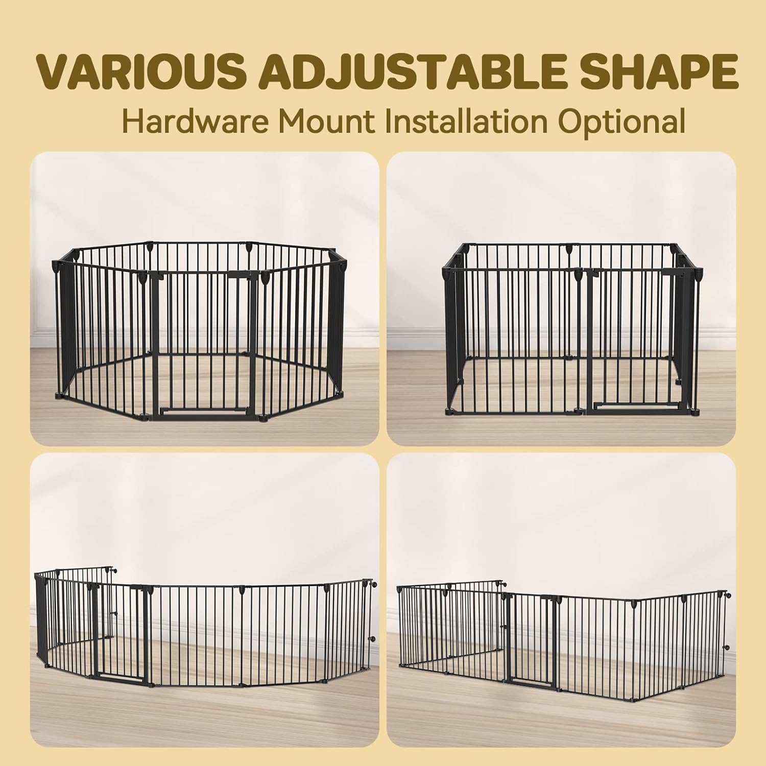 Dog Gate 27.5"-199" Extra-Wide Playpen, Freestanding Pet Gate, Puppy Fence with Auto-Close Door, Double Locking System for Fireplace, Foldable (Black, 8 Panels)