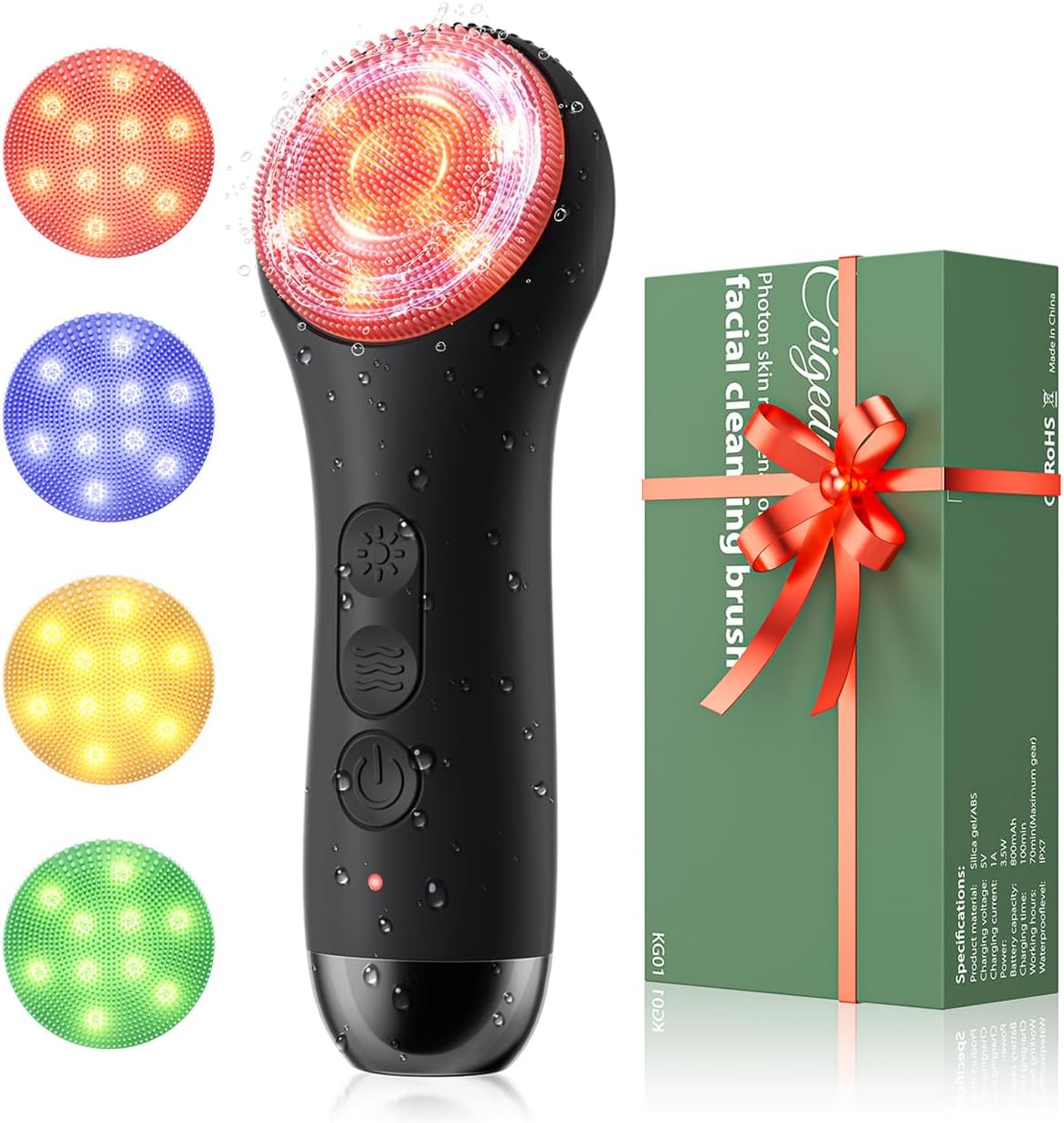 Facial Cleansing Brush Electric Face Scrubber - Rechargeable Face Cleansing Brush with 4 LED Gentle Light Silicone Heat