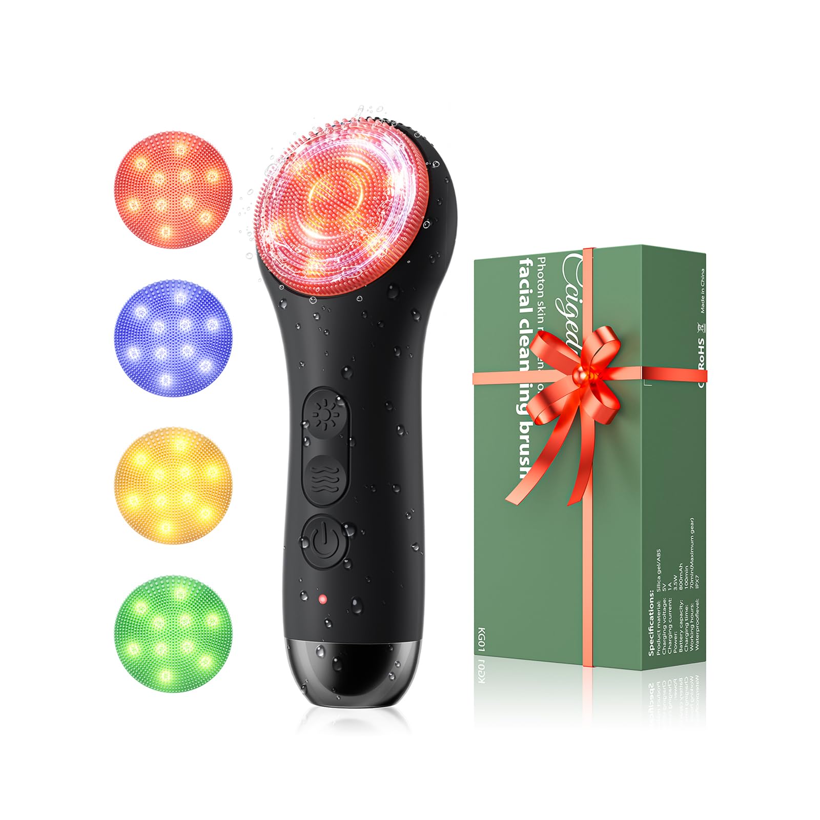 Facial Cleansing Brush Electric Face Scrubber - Rechargeable Face Cleansing Brush with 4 LED Gentle Light Silicone Heat and Vibration Exfoliator Massage Deep Cleansing,IPX7 Waterproof,Ideal Gift﻿