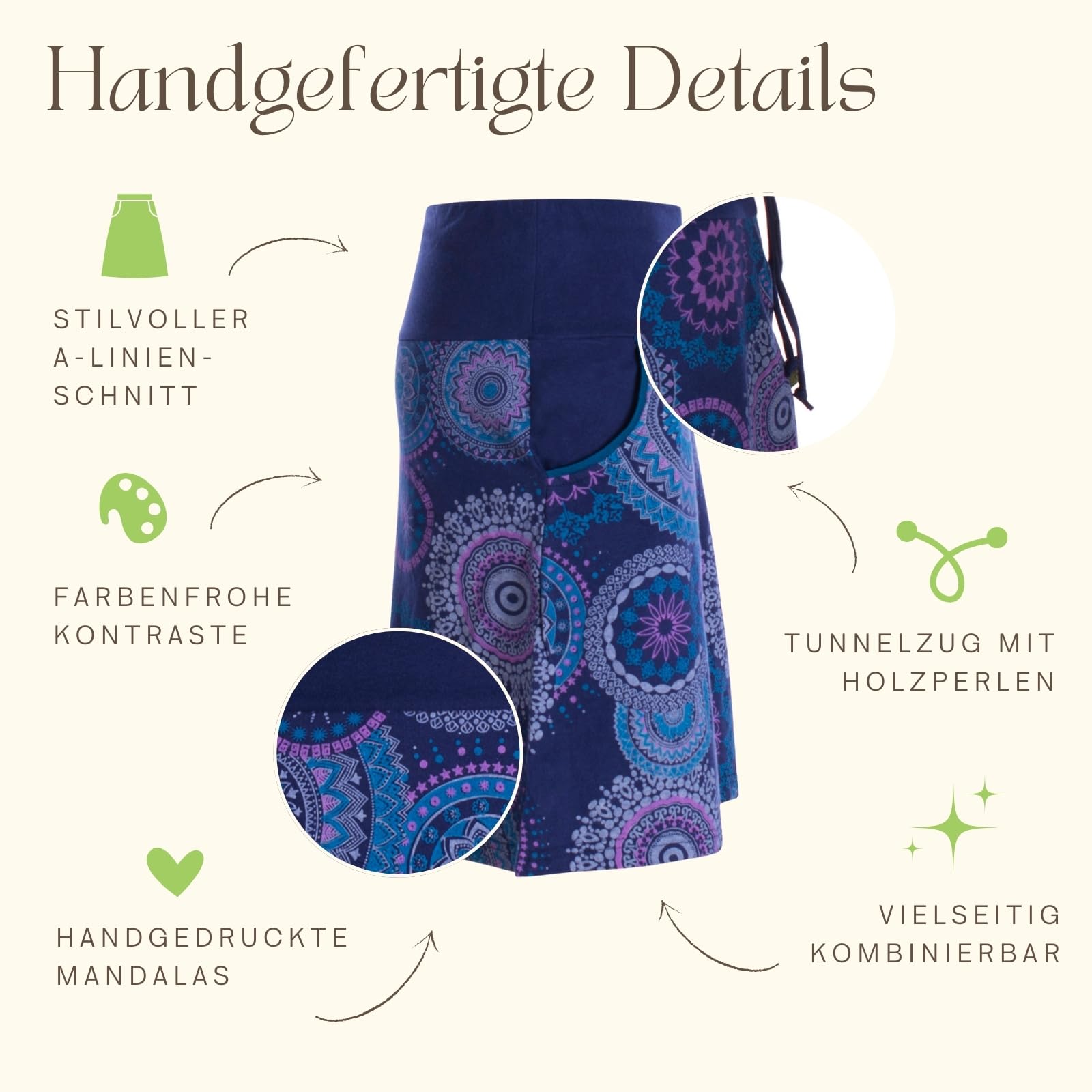 Vishes kurzer Damen-Rock mit Mandalas I Handgefertigt aus 100% Baumwolle I Rock mit Taschen I Ideal für warme & kalte Monate I Nachhaltige Alternative Bekleidung
