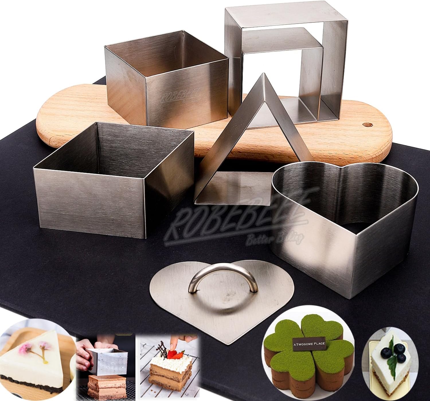 Heart Trigon Lozenge Square Shape Mousse Cake Mold Press Stamp Biscuit Dough Cutter 304 Stainless Steel DIY Bakeware Supplies (3pcs Square molds(3 Sizes))