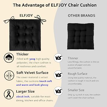 ELFJOY 4 Pack Chair Cushions for Dining Chairs with Ties Black 16x16