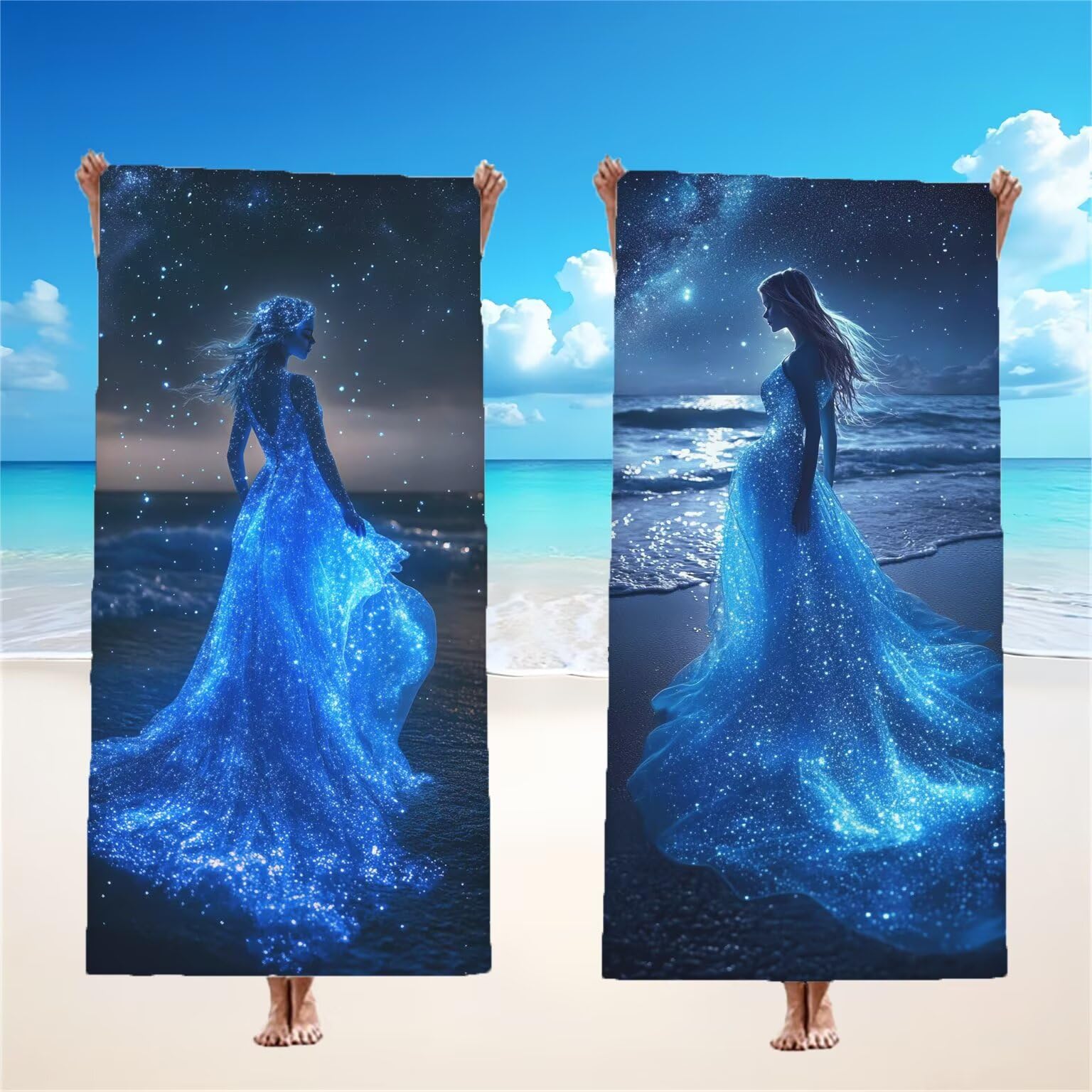 Bleu Serviette de Plage 100x200cm Lot de 2, Rêve Serviette Microfibre Ultra Absorbantes Séchage Rapide Anti Sable Léger Transport Compacte Drap de Plage pour Piscine Voyages Femme et Homme, Model411