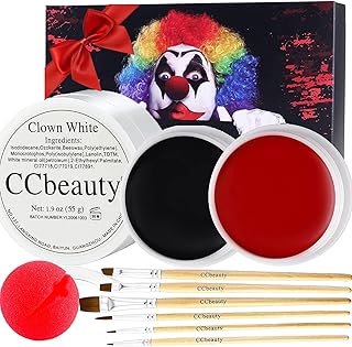 Clown Makeup Kit Professional White Black Red Face Paint Foundation Cream, 6 Brushes,Red Nose for Halloween Special Effects SFX Joker Skeleton Vampire Zombie Cosplay Dress Up Makeup