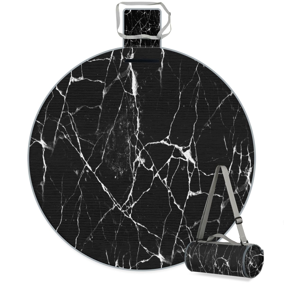 Shimoshe Black Marble Texture Picnic Outdoor Blanket Foldable Waterproof Sandproof Beach Blanket Portable Water-Resistant Round Picnic Mat for Travel Camping Park Lawn