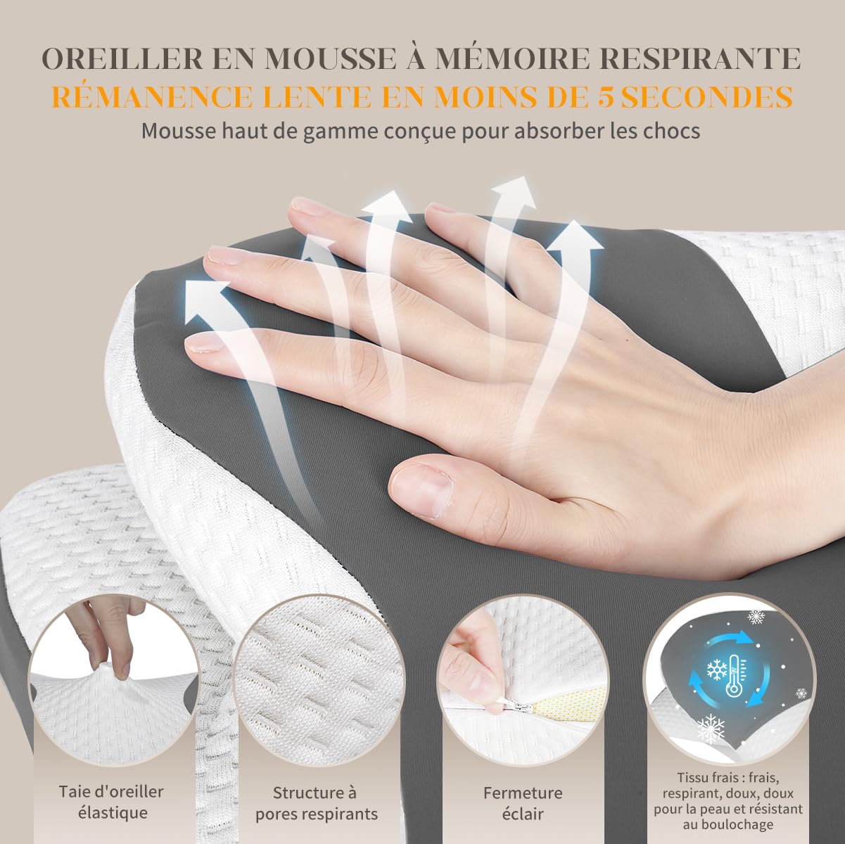 Oreiller Ergonomique Cervical,Oreiller Memoire Forme Papillon Rafraîchissant,Convient dormeurs côté, Dos, Ventre, Housse Amovible Lavable en Machine, Gris Clair