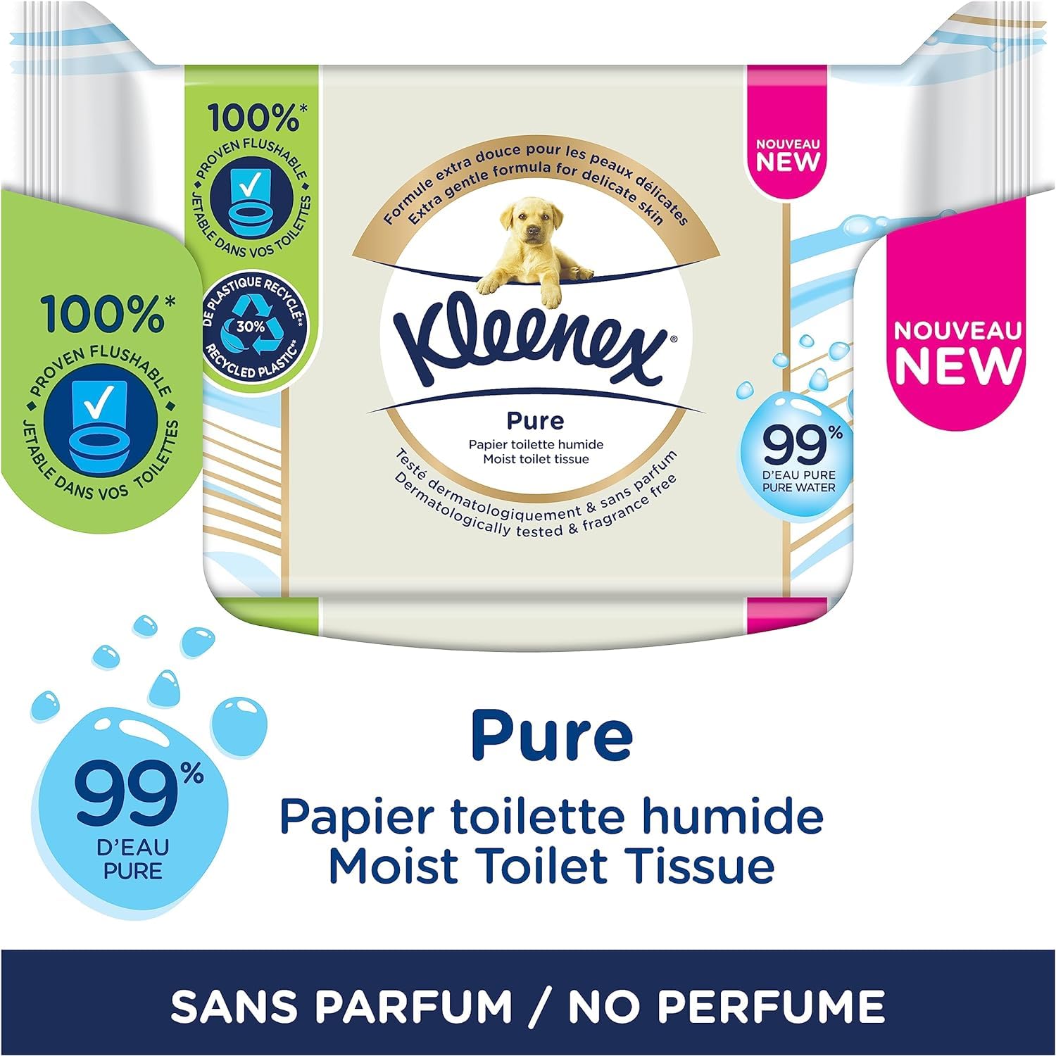 KLEENEX Pure - Papier Toilette Humide (12 paquets de 38 feuilles) - double épaisseur - jetable dans les toilettes - sans plastique - sans parfum - sans alcool - emballage recyclable