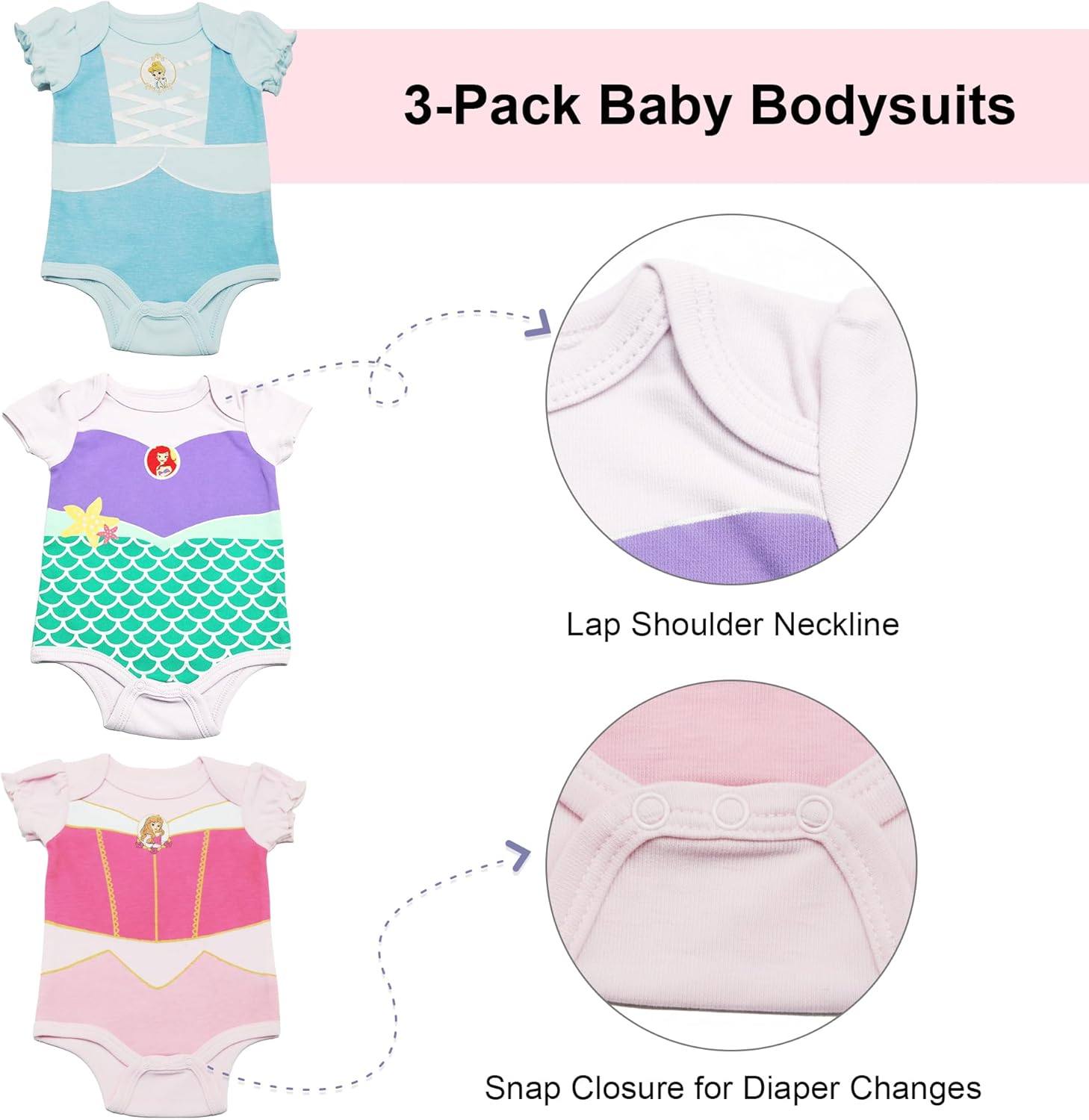 Magic Threadz Disney Clothes Baby Girls 3-Pack Bodysuits – Minnie Mouse, Princess & Toy Story Newborn Outfit Set (0M–9M)