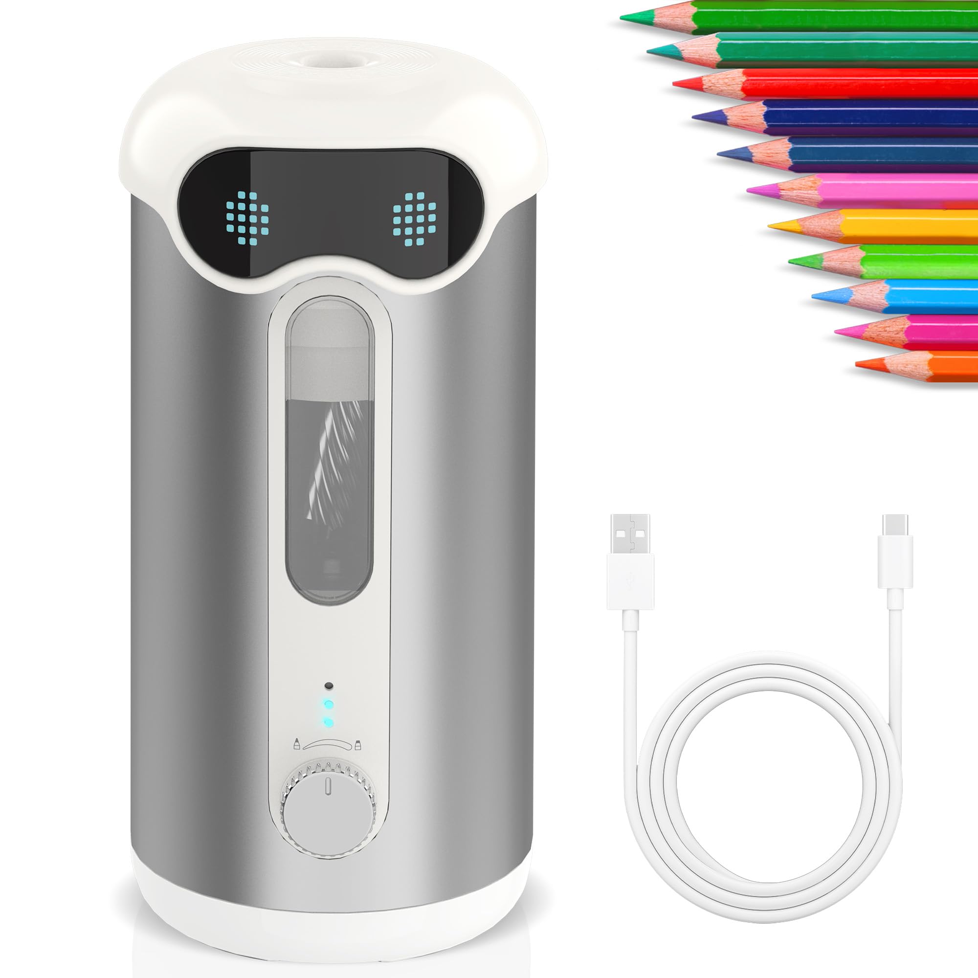 VUSIGN Sacapuntas automático, silencioso, robot de 60 dB con calcomanías faciales, recargable, parada automática para lápices de colores n.º 2 de 6,9 a 10,8 mm, para uso doméstico y aula infantil