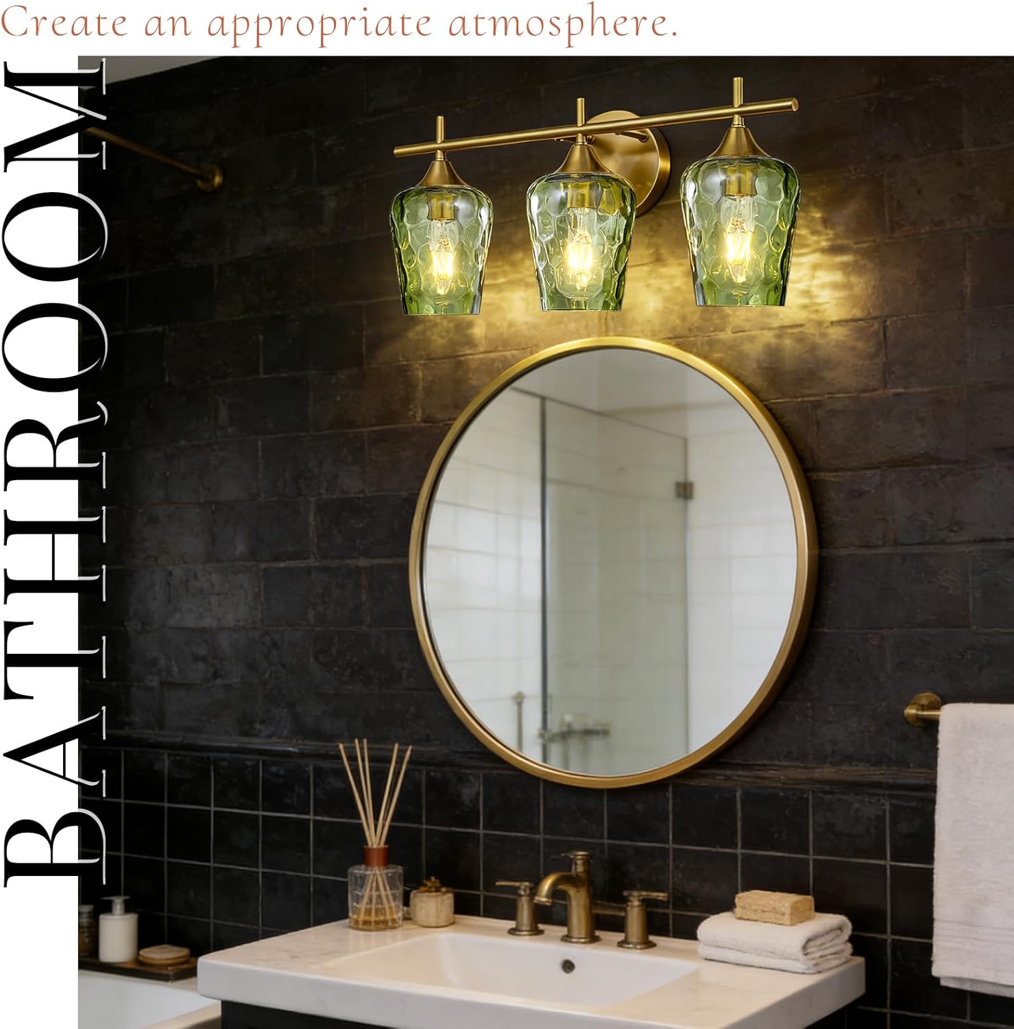 Hamilyeah 3 Light Bathroom Vanity Light, Gold Vanity Light with Green Hammered Glass Shades, Brushed Gold Bathroom Light Fixture Over Mirror, Modern Wall Mount Vanity Lights for Bathroom, Living Room