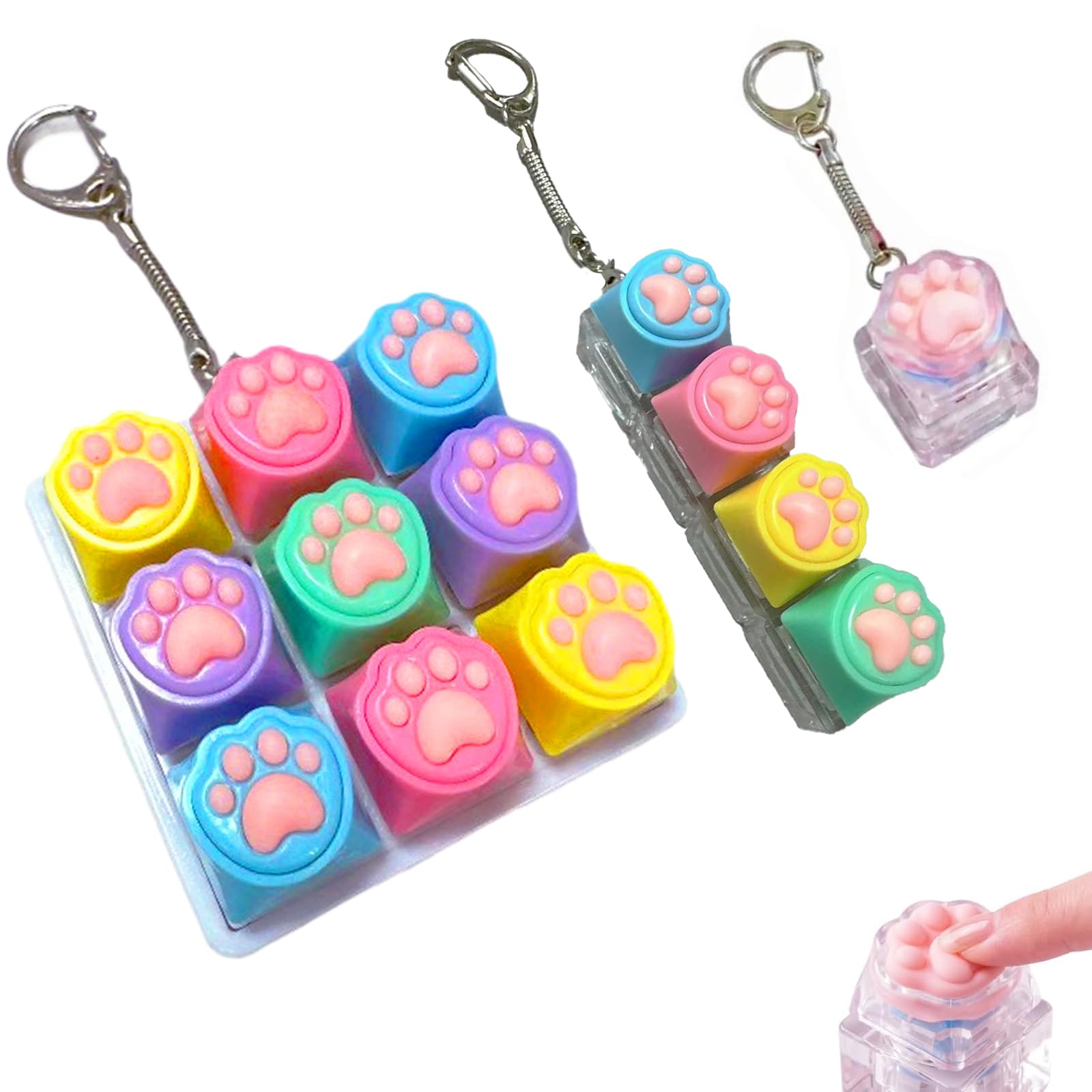 Cat Paw Finger Keyboard Fidget Toy, Keychain Clicker, 1, 4, 9 Button Stress Relief, Portable, for Travel, Office, Home, 3 Pieces
