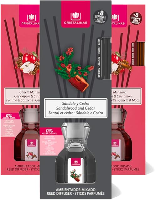 CRISTALINAS 3 Winter Air Freshener Reed Diffusers, Apple & Cinnamon x 2, Sandalwood & Cedar, Pack of 3 x 40ml/8 Weeks