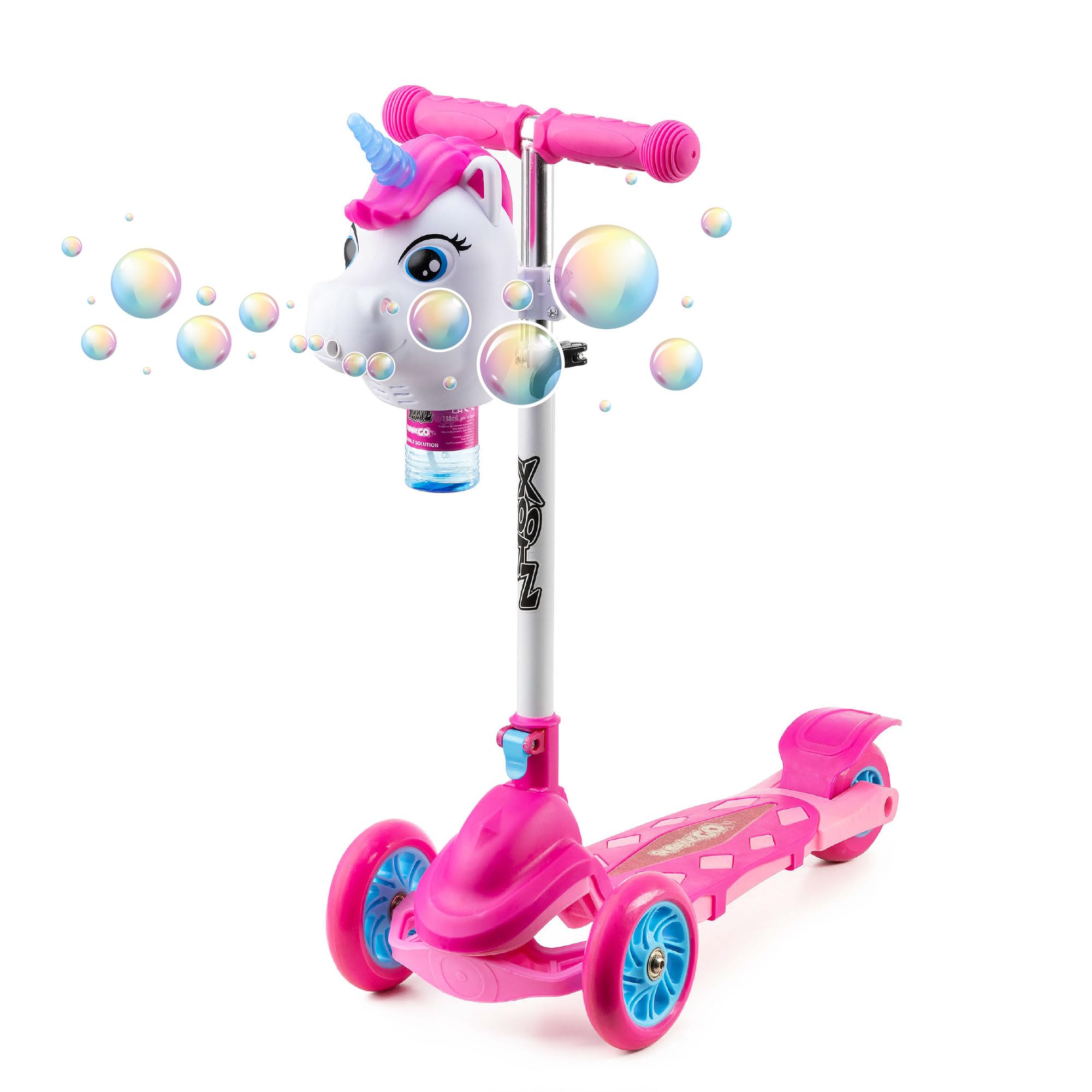 Xootz Bubble Go Unicorn Scooter, 3 Wheel Kids Scooter with Bubble Machine, Adjustable, Foldable Tri Scooter for Toddlers, Balance and Lean to Steer