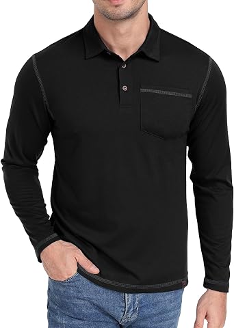 ZITY Mens Casual Long Sleeve Polo Shirts Classic Button Cotton Work T-Shirt Collared Basic Golf Shirt with Pocket