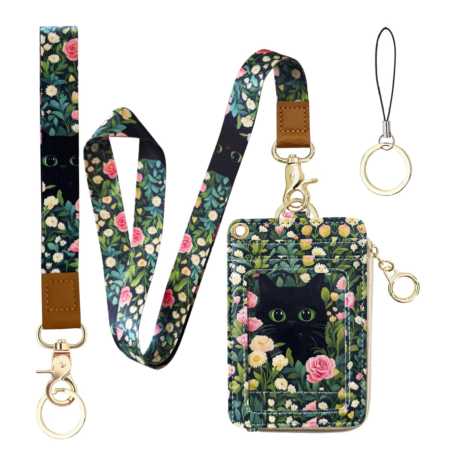 2-in-1 ID Badge Holder & Lanyard Wallet Cute Women Leather Zip ID Case Wallet with Breakaway Wrist Neck Lanyard, Clear Window, 5 Card Slots, Ring