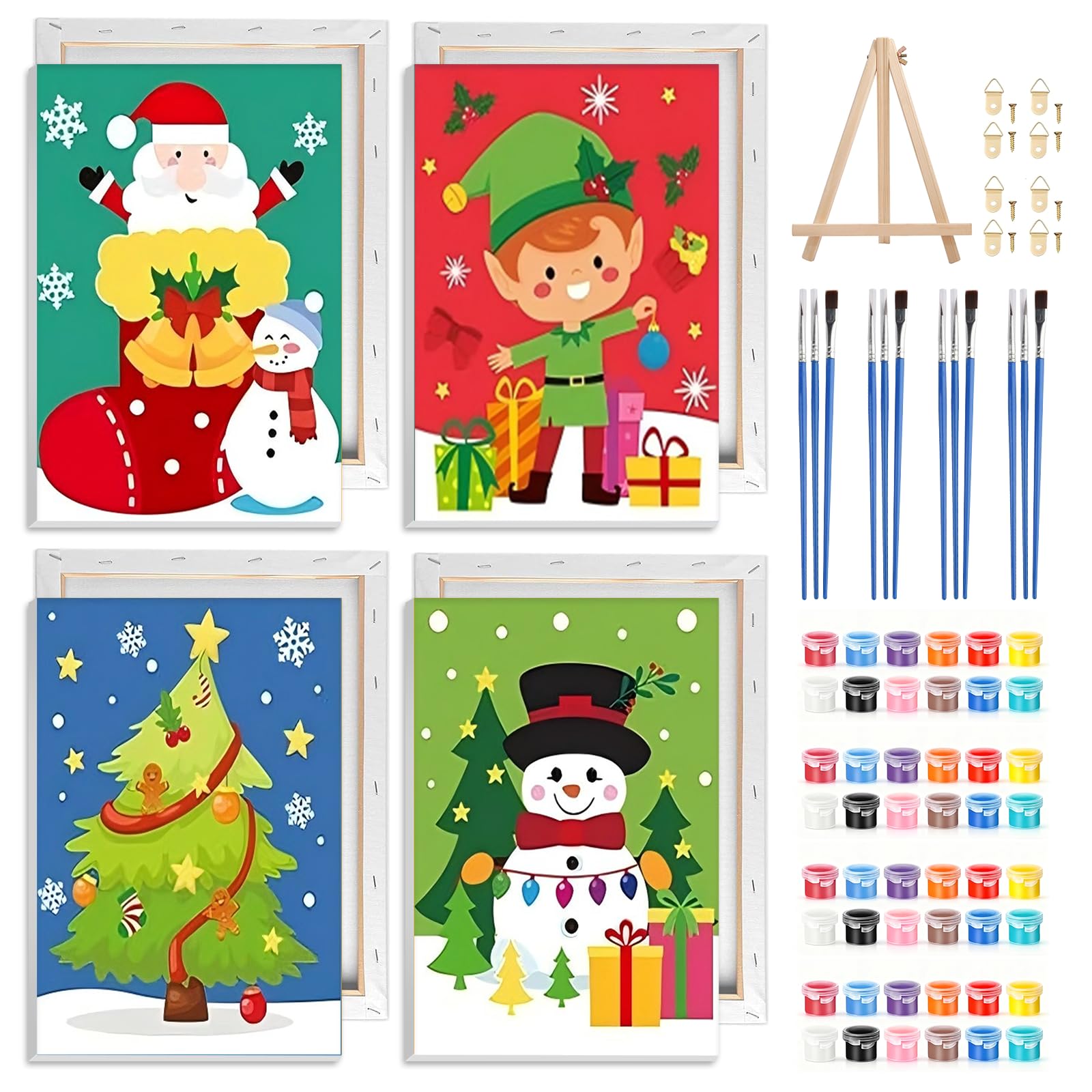 NAIMOER 4 Pack Christmas Theme Paint by Numbers Kits Adults with Frame, DIY Christmas Tree Snowman Painting by Numbers, Happy New Year Painting on Canvas Arts Gifts Home Decor 20x30cm