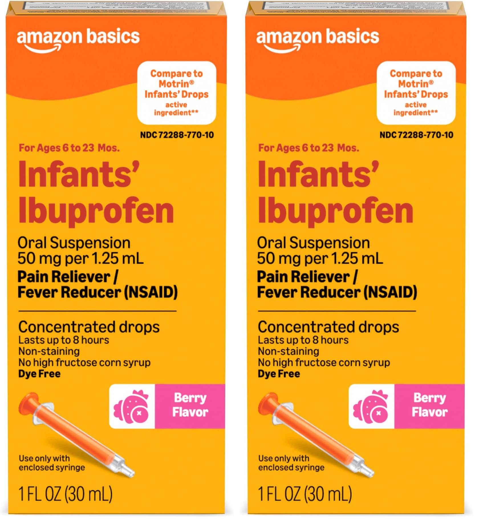 Amazon Basics Infants' Ibuprofen Oral Suspension, 50 mg/1.25 mL, Berry Flavor Concentrated Drops, Dye-Free, 1 fl oz (Pack of 2) (Previously Care)