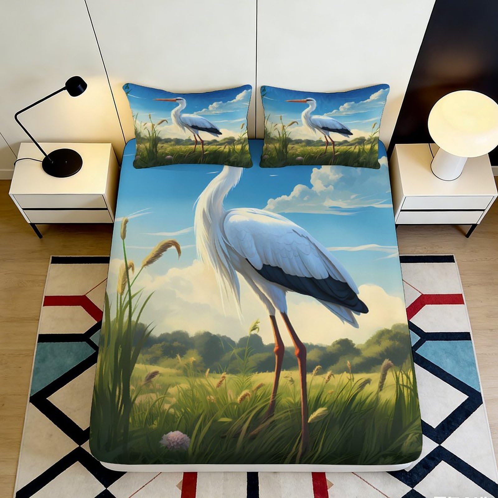 3D Printed Heron Meadow Fitted Sheet Microfiber Soft Breathable Sky Landscape Mattress Cover for Bedroom Guest Room 120x200x25cm