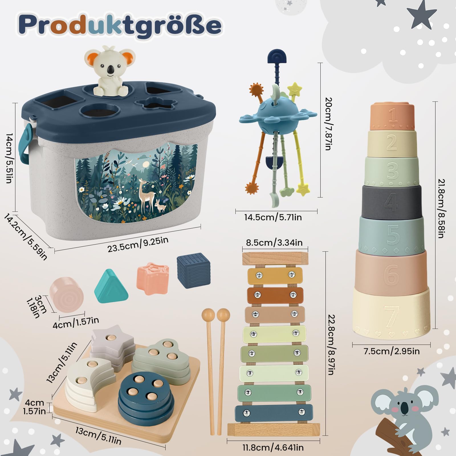 Baby Spielzeug ab 6 Monate,5 in 1 Montessori Spielzeug Baby,Motorikspielzeug mit Formensortier- und Stapelspielzeug,Xylophon,Silikon Zugschnur Spielzeug,Stapelbecher,Geschenk Junge Mädchen