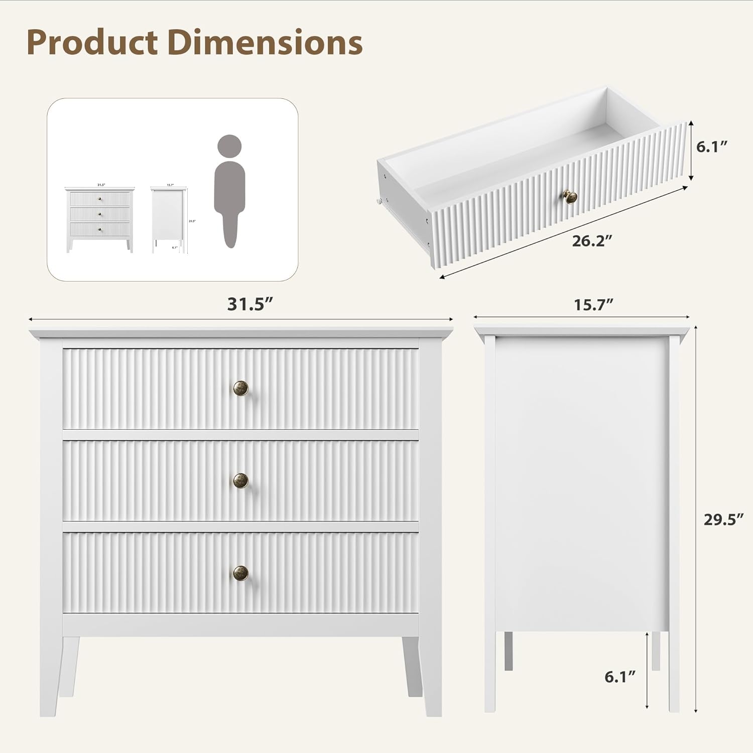GAOMON White Fluted 3 Drawer Dresser, 31.5 in Wide Dresser Nightstand for Bedroom, Modern Wood Chest of Drawers, Large Painted Nightstand with 3 Drawers for Closet, Hallway, Entryway