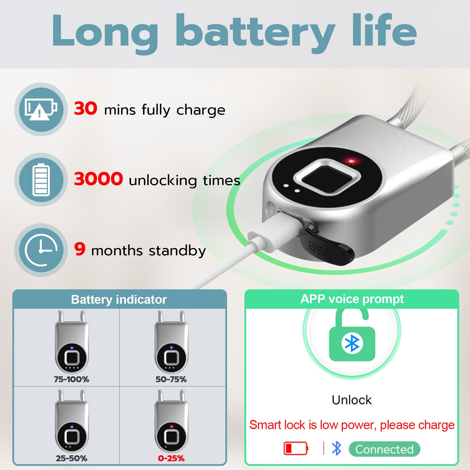 Câble antivol à empreintes digitales avec anse longue épaisse de 15,2 cm - Cadenas Bluetooth biométrique biométrique intelligent pour extérieur - Étanche - Pour portail, clôture,