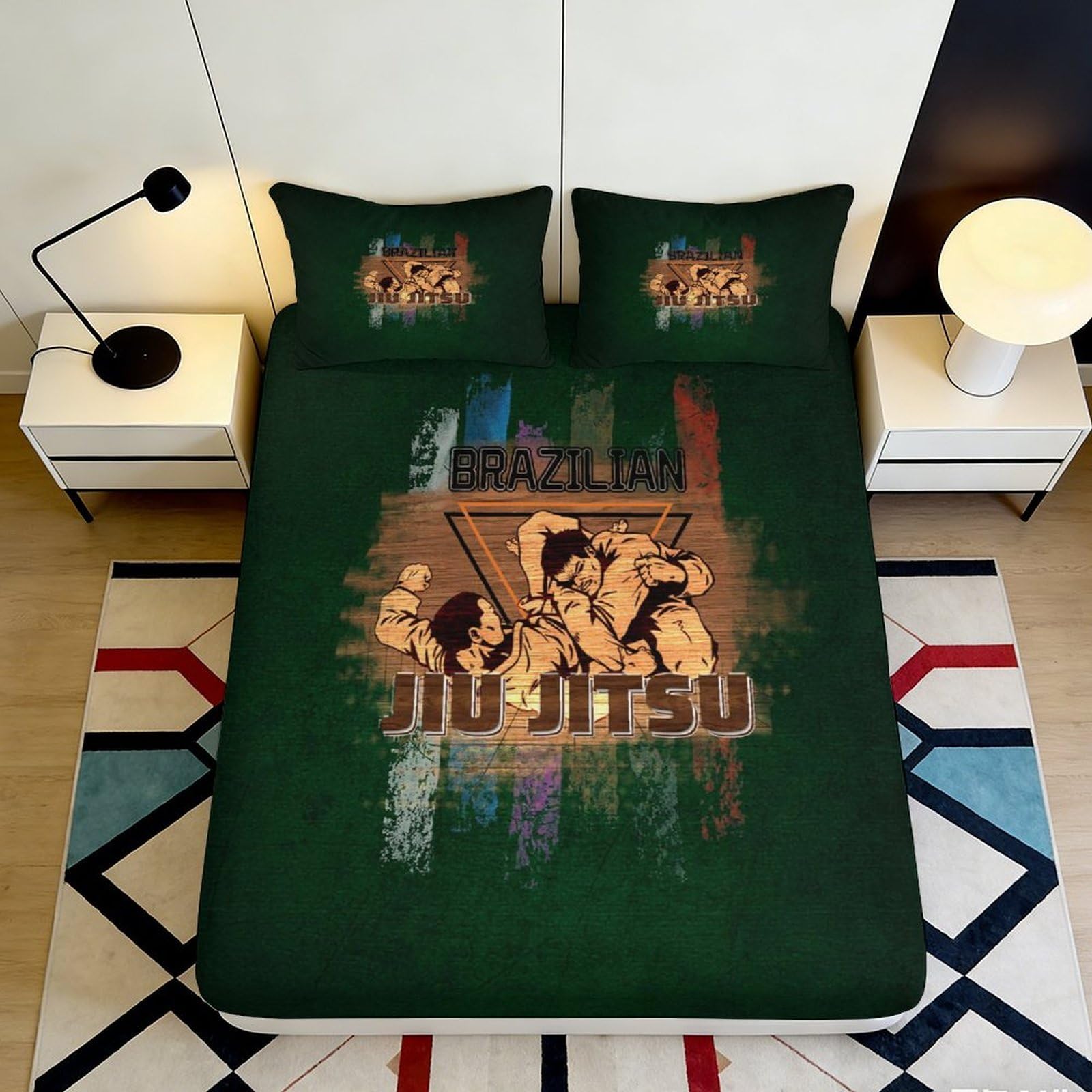3D Printed Jiu Jitsu Martial Arts Fitted Sheet Microfiber Deep Pocket Non-Slip Bedroom Grappling Mattress Fitted Cover Washable All Ages 140x200x25cm