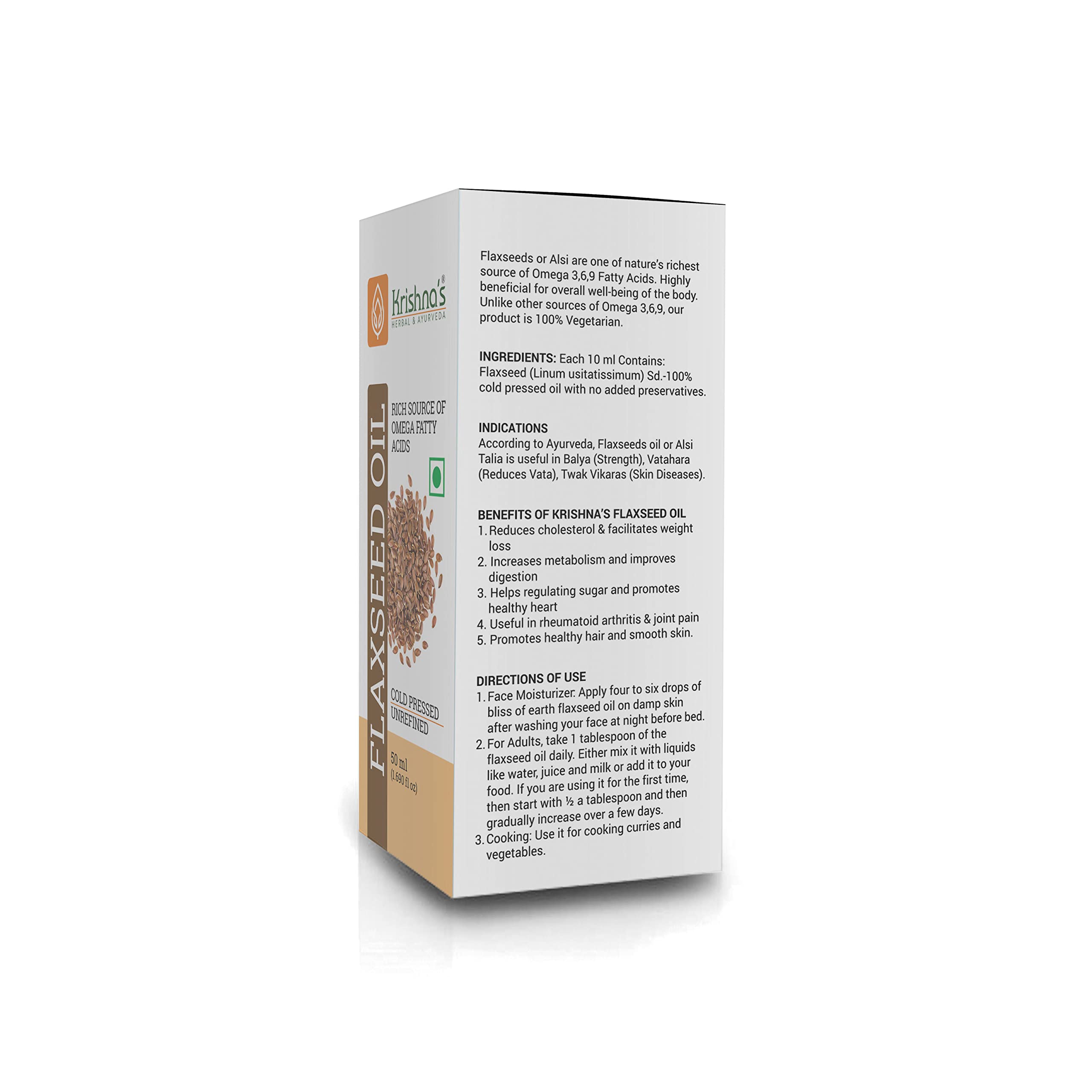 Krishna's Flaxseed Oil (50 ml) | Virgin Cold Pressed Flex seed oil | Rich in Omega 3-6-9 | Made in Kachi Ghani | No Added Preservatives - Image 8 thumbnail