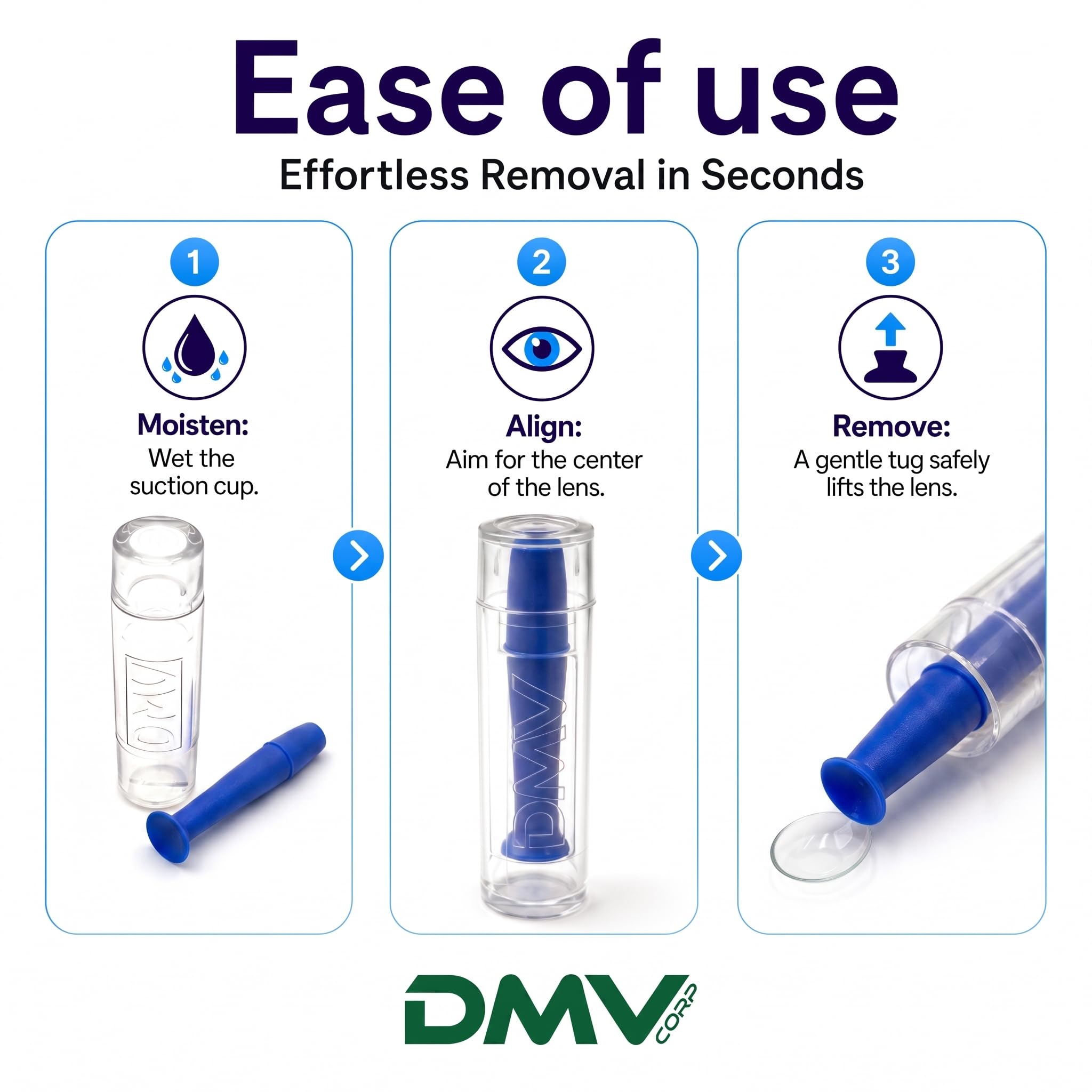 DMV - Herramienta de extracción de lentes de contacto, cobalto, paquete de 10 unidades, émbolo de ventosa fabricado en Estados Unidos para lentes esclerales, rígidas permeables al gas (RGP) y duras