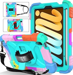 BMOUO iPad Mini 6 Case, iPad Mini 6th Generation Case, iPad Mini 6 Case 2021, Rugged Shockproof [360 Rotating Stand] [Hand Strap] [Pencil Holder] Kids Case for iPad Mini 6 8.3 inch 2021- Turquoise