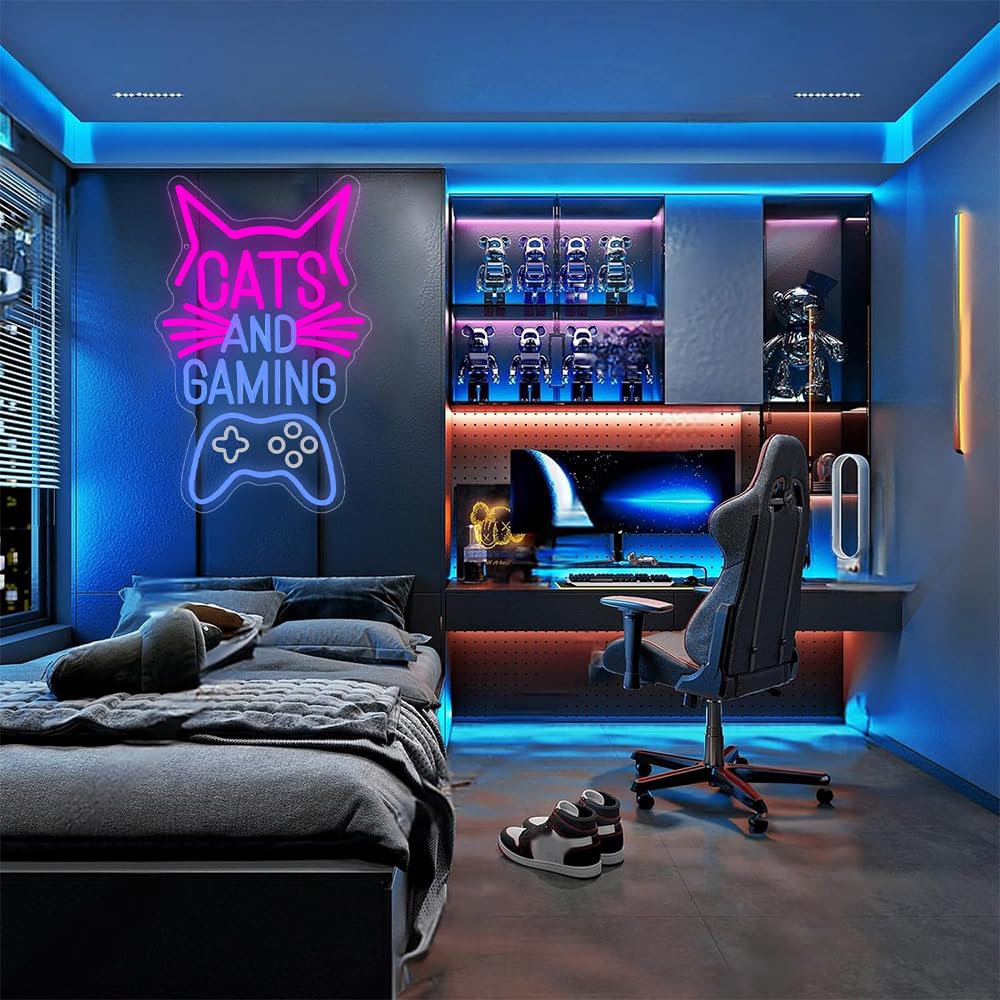 Cats and Gaming Panneau Néon, Panneaux de Lumière Néon Gaming Cat pour la Décoration Murale de la Salle de Jeux, de la Chambre à Coucher Cadeau d'Anniversaire pour les Enfants, Garçons et Filles