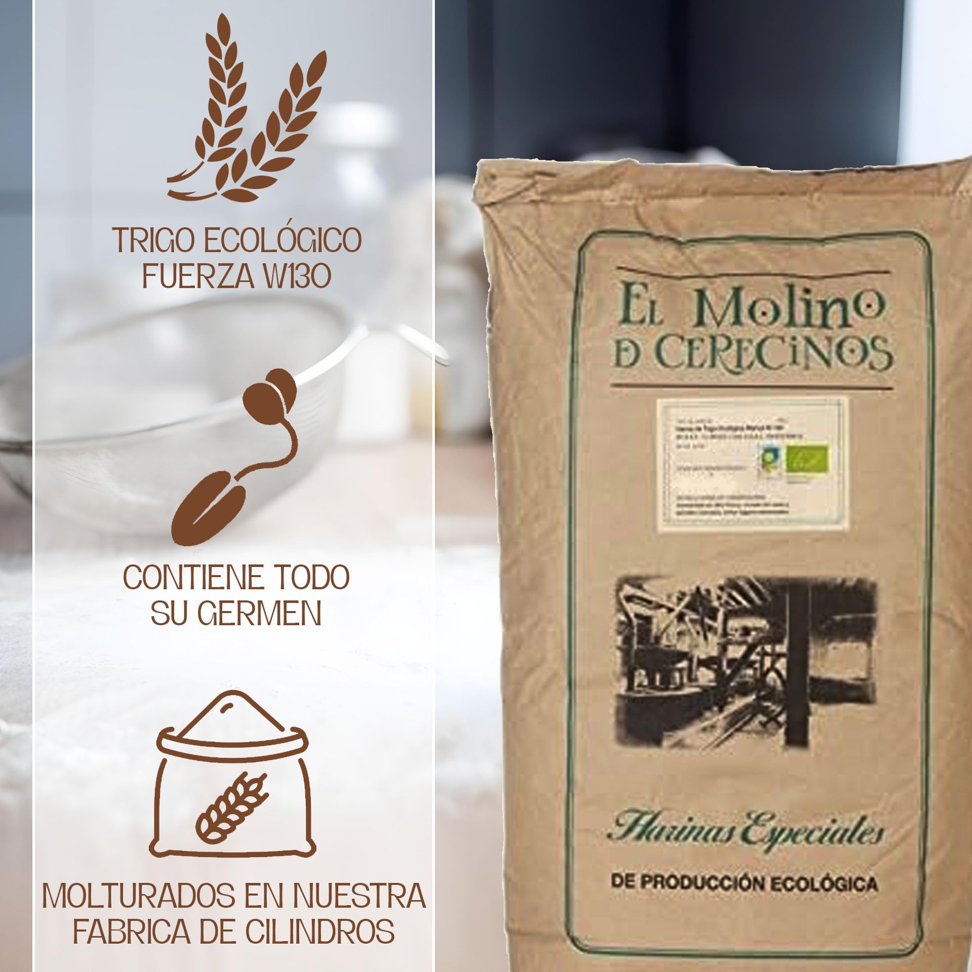 Harina De Trigo Ecológica Blanca W130 | Selección de Trigos Ecológicos y Molturados en Cilindros, con Todo el Germen del Trigo | Aporta Aroma y Sabor | Harina de Fuerza Suave, 25Kg