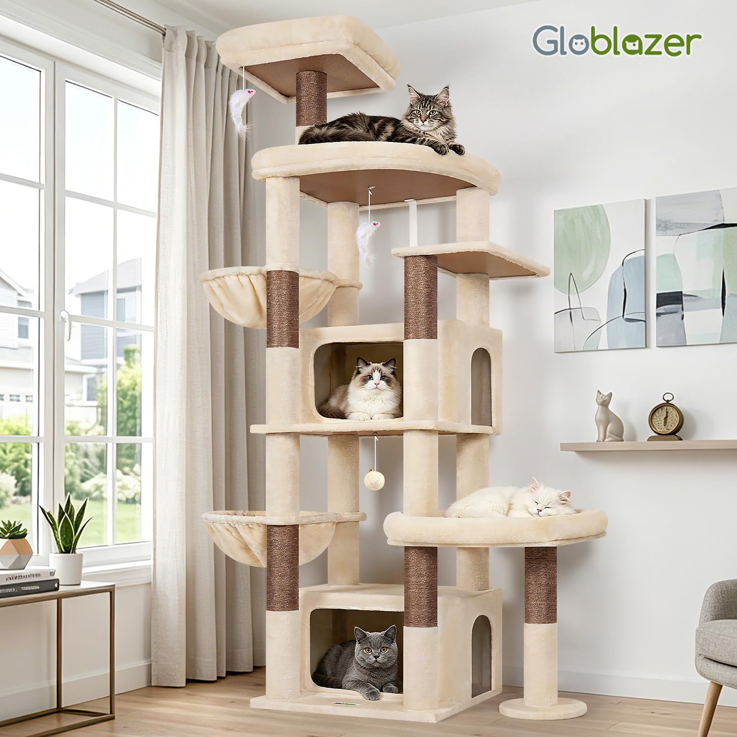 Globlazer Rascador beige XXL para gatos grandes, 192 cm, con 2 cuevas extragrandes, 50 x 30 x 30 cm, plataformas espaciosas, tronco de sisal, rascador estable con soportes para 3 – 5 gatos adultos