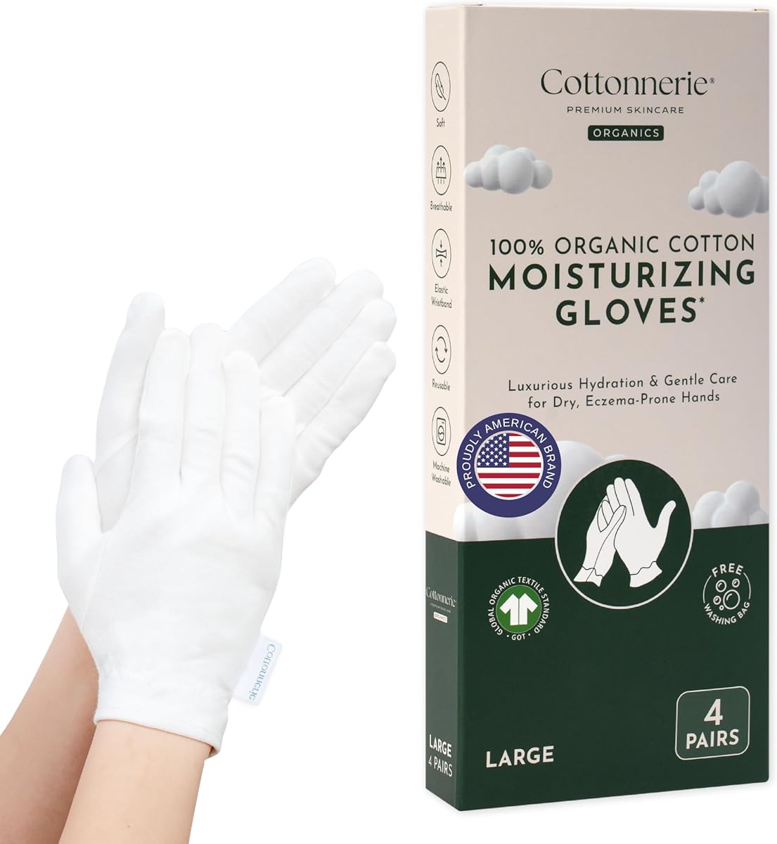 COTTONNERIE Cotton Moisturizing Gloves for Dry Hands & Eczema | Overnight Lotion, Sleep & Spa Treatment | Reusable, Free Washing Bag (XL-4 Pairs)