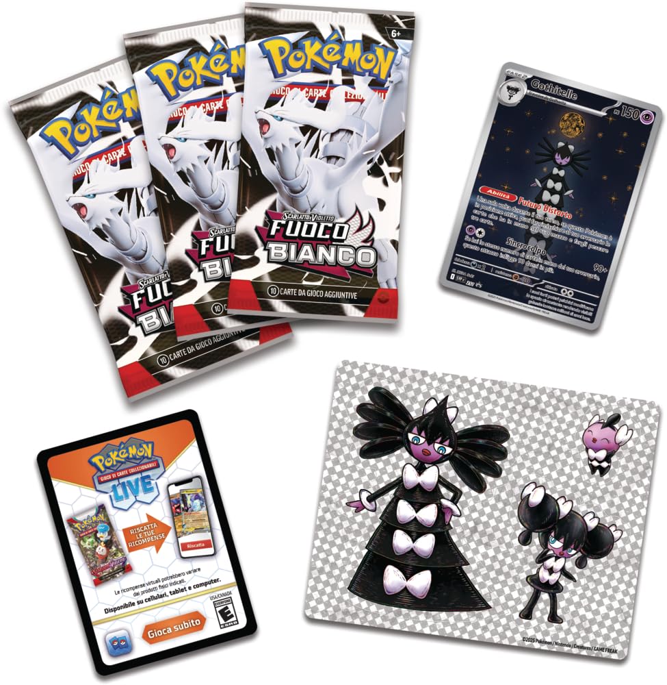 Pokémon: collezione con adesivi (Gothitelle) dell’espansione Scarlatto e Violetto - Fuoco Bianco del GCC (carta promozionale olografica e tre buste di espansione)