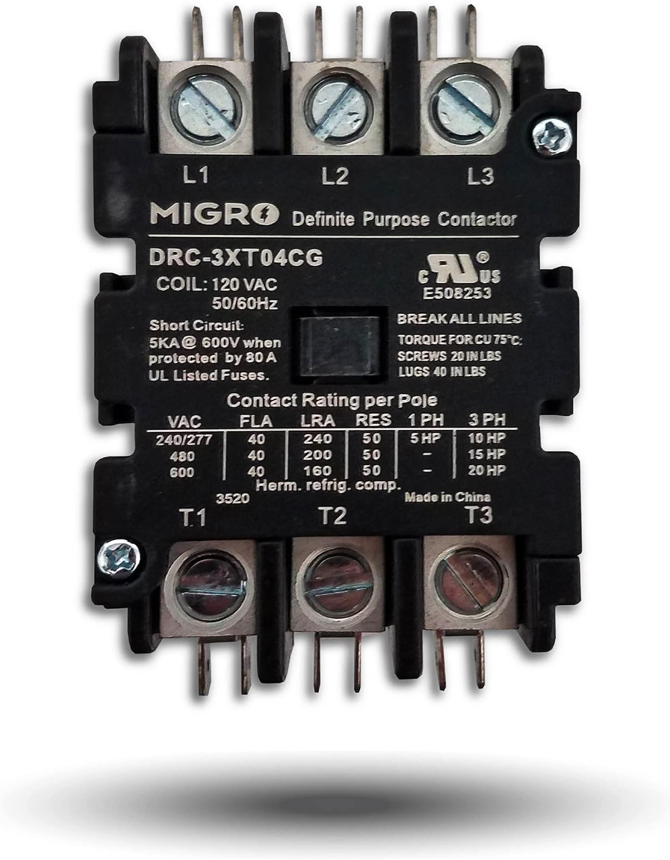 50 Amp Definite Purpose Contactor 3 Pole, 120VAC Coil 40A, 50A, Lighting, Heating, Refrigeration