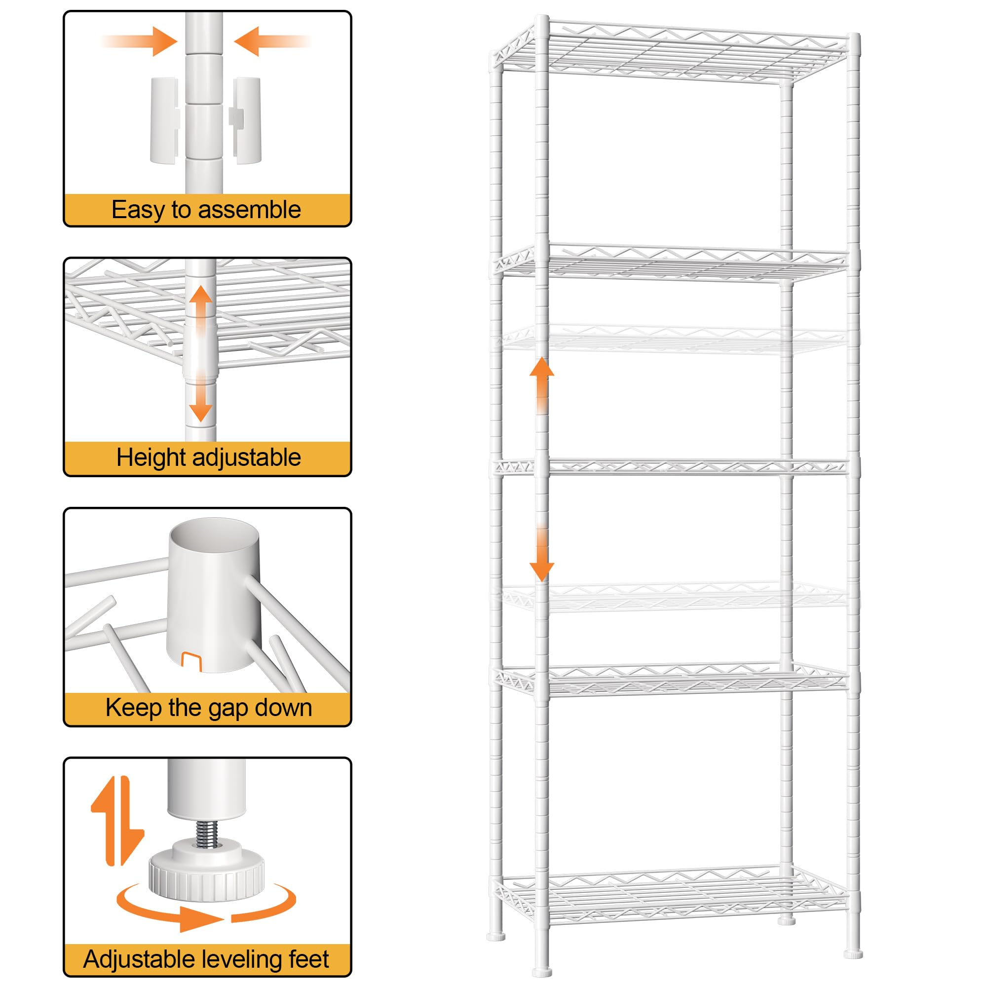 HOMEFORT Regal mit 5 Fächern, verstellbares Drahtregal, Metalldraht, Regal für Küche, Speisekammer, Schrank, Badezimmer, Wäsche, weiß, 53,3 cm B x 27,9 cm T x 134,6 cm H