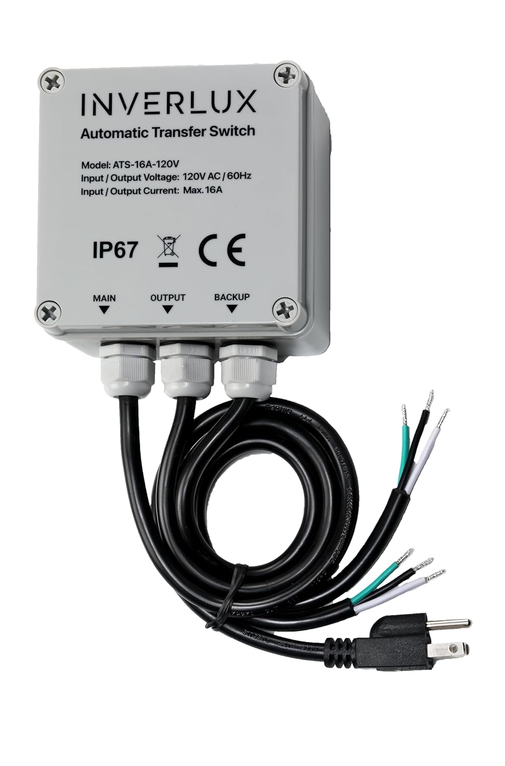 AC 120V 16A Automatic Transfer Switch, IP67 Waterproof ATS for Inverter & Utility Power, Compact Auto Switch for RV, Boat, Motorhome, with 21.6" Cables – (4.9"x4.9"x3.2")