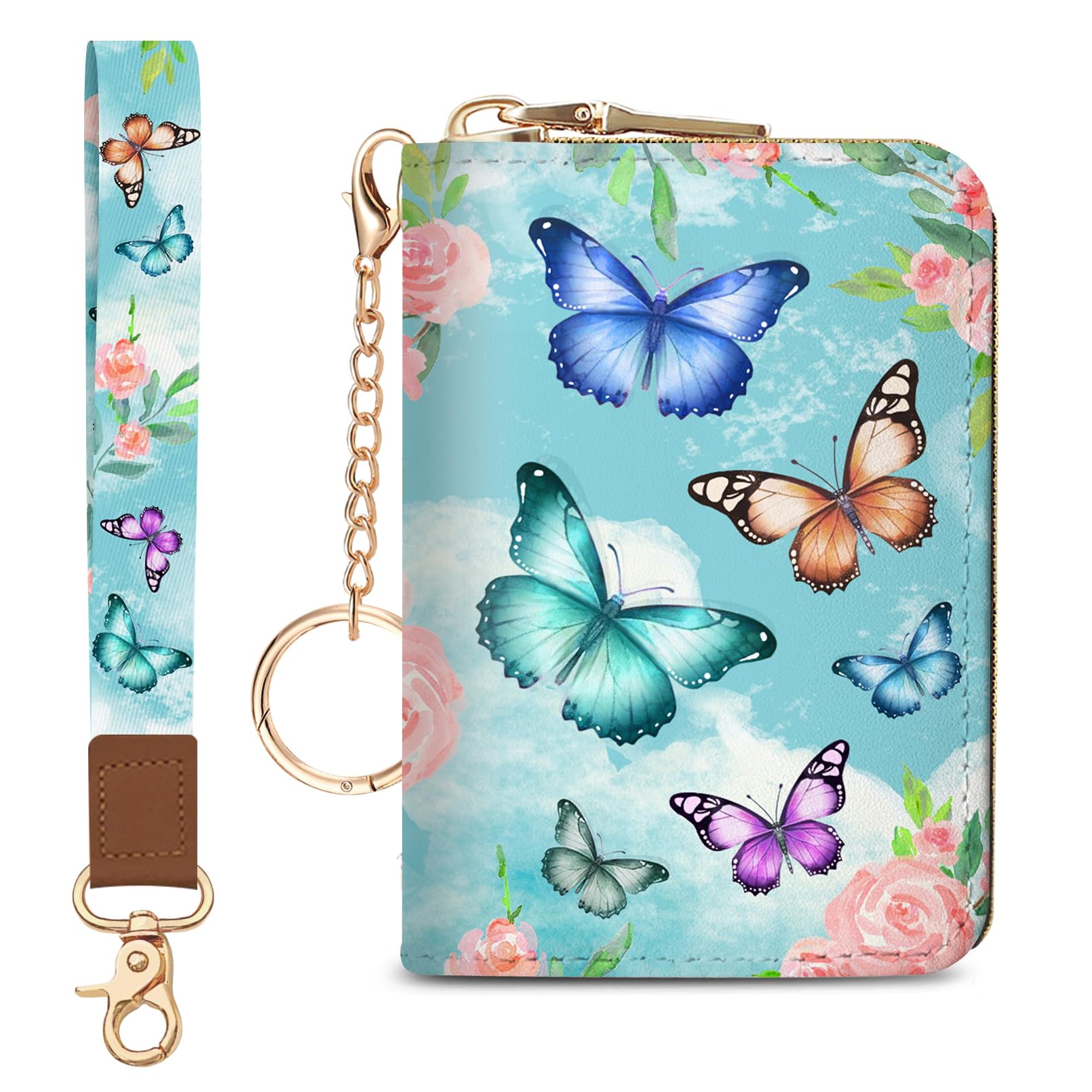Blusabaca Credit Card Holder for Women, Butterfly Small RFID Blocking Wallet with Wristlet Strap, Keychain Zipper Women Wallet, Leather Card Case,