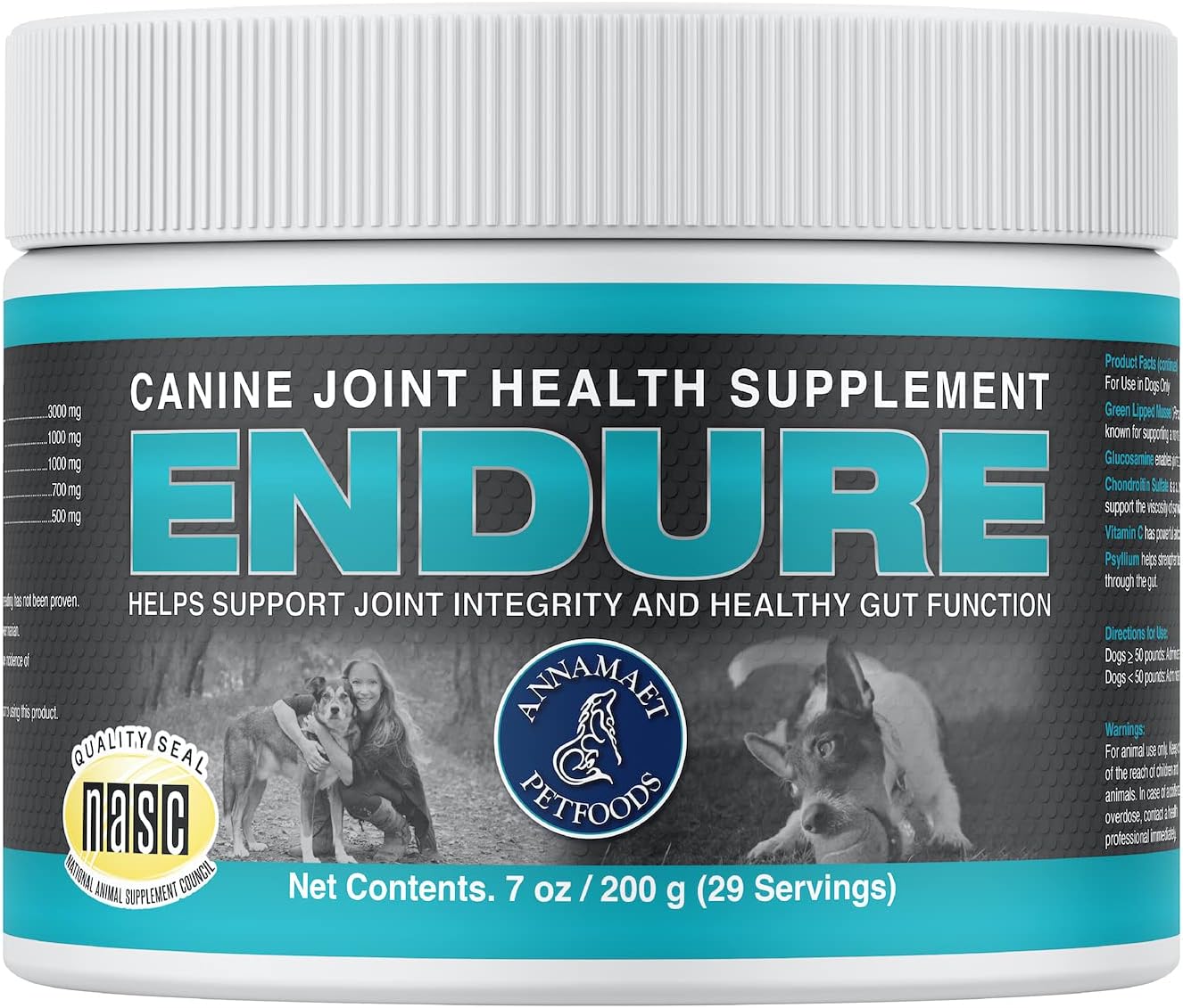 Endure – Hip & Joint Powder Supplement for Dogs – with Glucosamine, Chondroitin and Green Lipped Mussel for Joint Support and Psyllium for Gut Health - 200 g