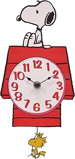 Mark Feldstein Peanuts Snoopy Dog House Woodstock Pendulum Wall Clock - 12 Inch Licensed Collectible