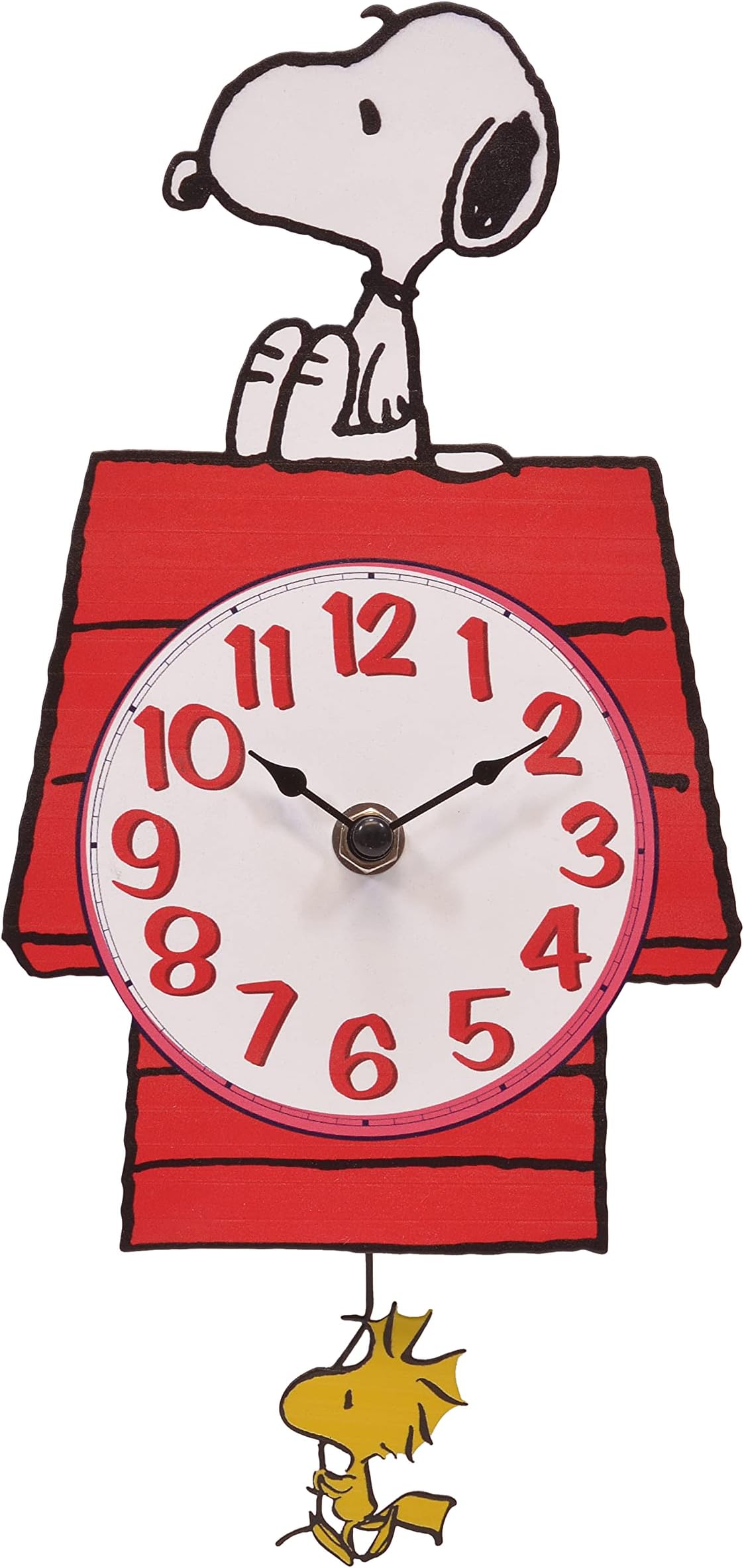 Mark Feldstein & Associates Peanuts Snoopy's Dog House with Woodstock Pendulum Pal Wall Clock, 12 Inch